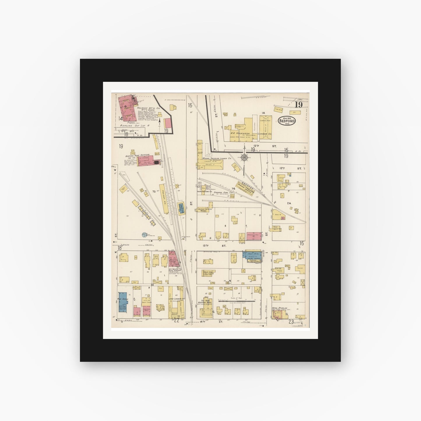Old map wall art mockup — black gallery frame with white mat — Sanborn Fire Insurance Map from Bedford, Lawrence County, Indiana (1922), Sheet #0019