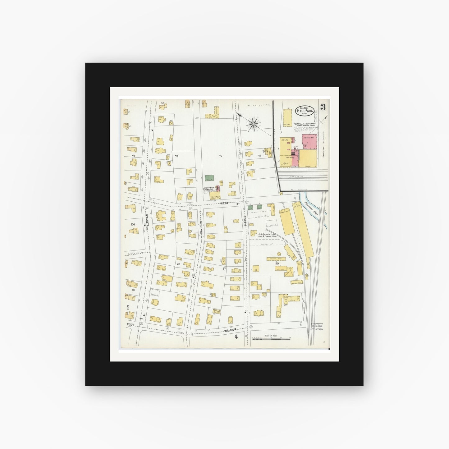 Old map wall art mockup — black gallery frame with white mat — Sanborn Fire Insurance Map from Hyde Park, Norfolk County, Massachusetts (1900), Sheet #0003