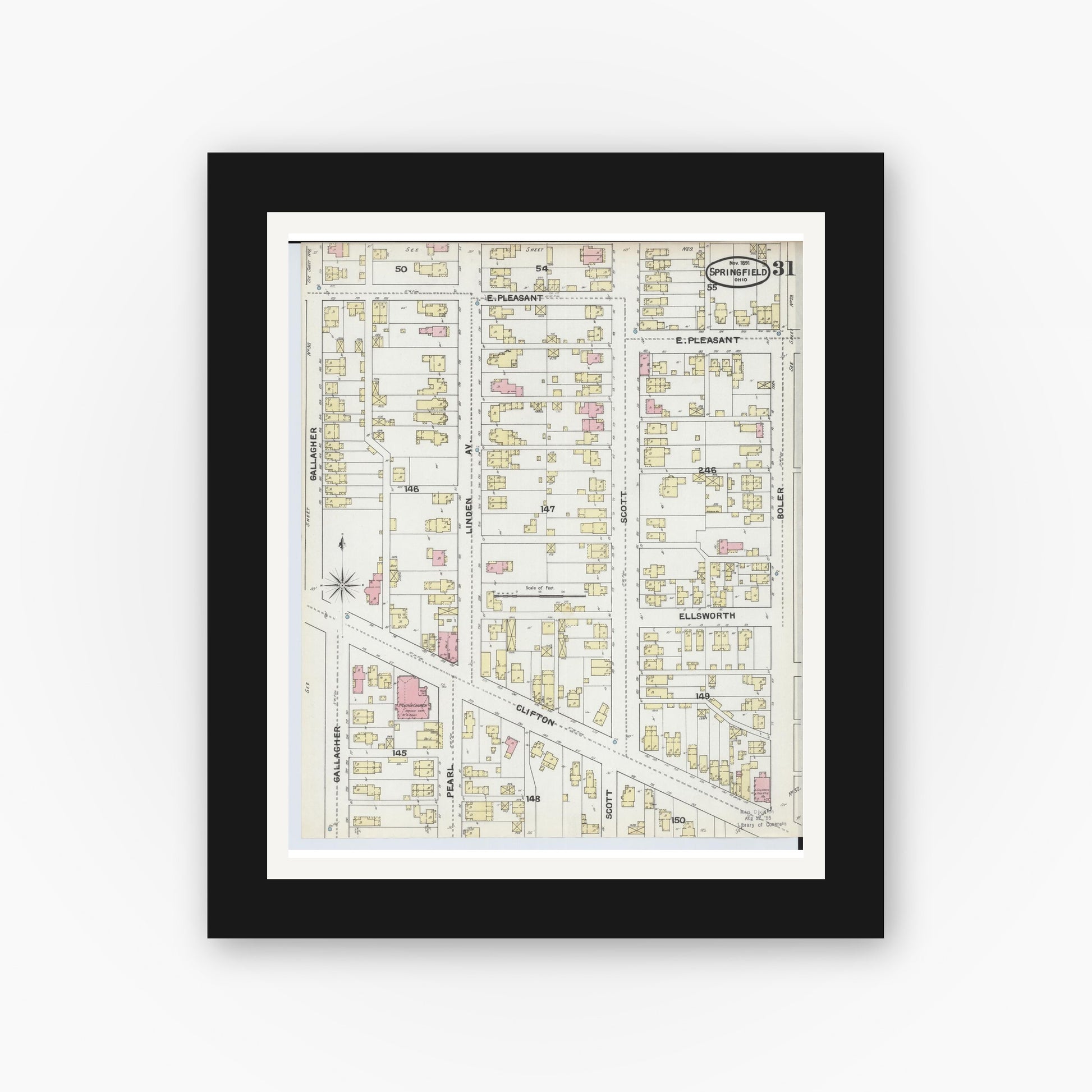 Old map wall art mockup — black gallery frame with white mat — Sanborn Fire Insurance Map from Springfield, Clark County, Ohio (1891), Sheet #0031