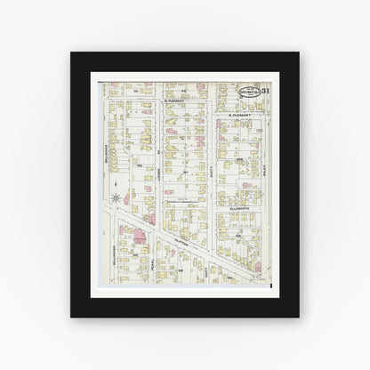 Old map wall art mockup — black gallery frame with white mat — Sanborn Fire Insurance Map from Springfield, Clark County, Ohio (1891), Sheet #0031