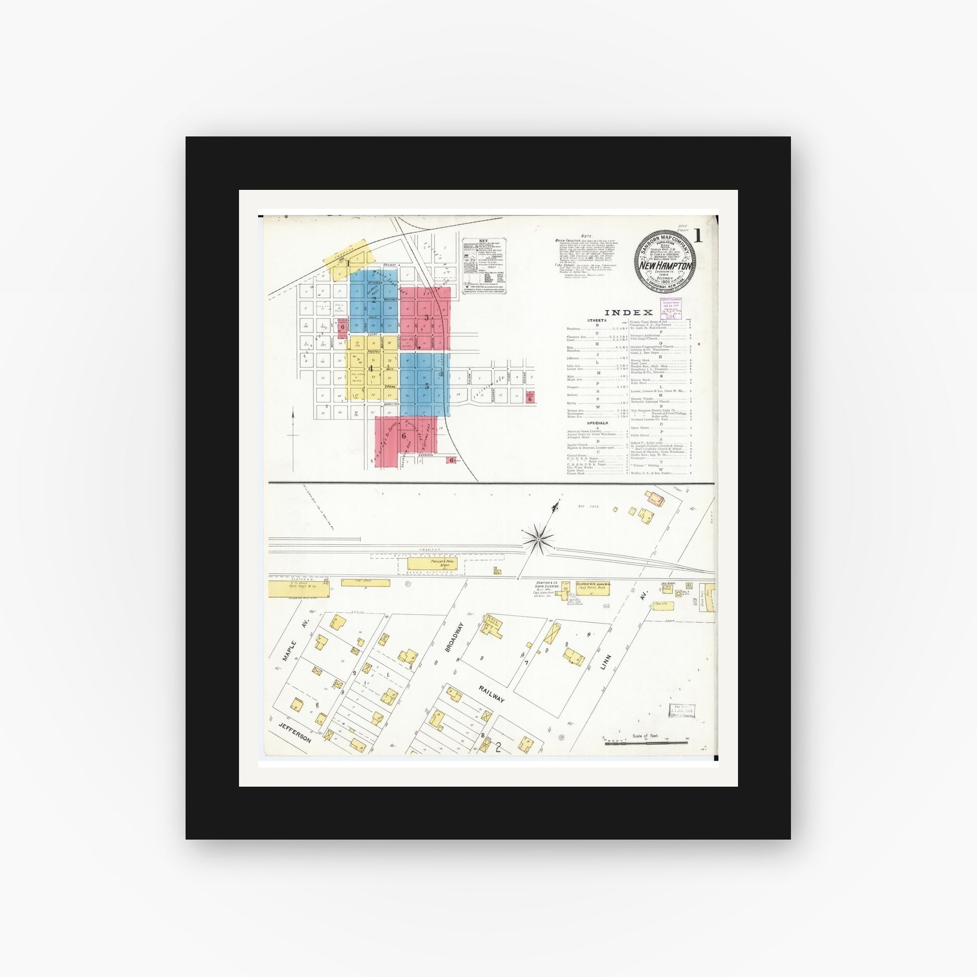 Old map wall art mockup — black gallery frame with white mat — Sanborn Fire Insurance Map from New Hampton, Chickasaw County, Iowa (1905) â€” Complete Set