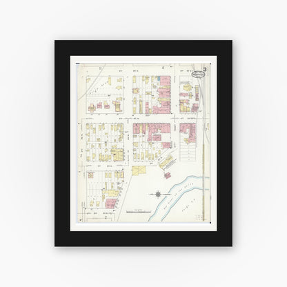 Old map wall art mockup — black gallery frame with white mat — Sanborn Fire Insurance Map from Moorhead, Clay County, Minnesota (1914), Sheet #0003