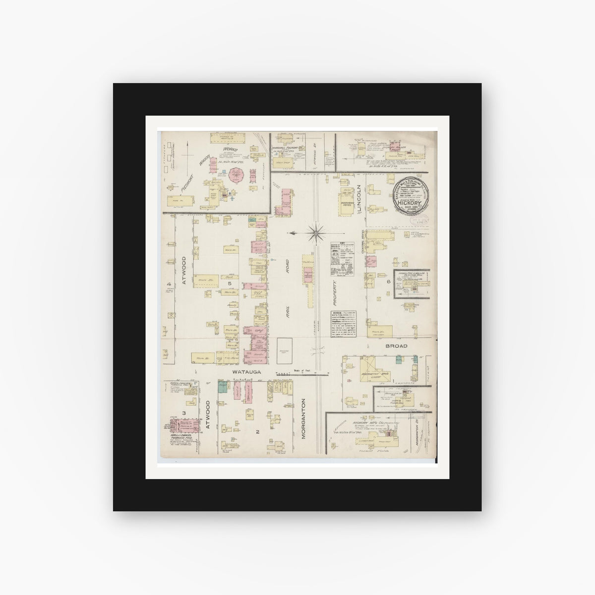 Old map wall art mockup — black gallery frame with white mat — Sanborn Fire Insurance Map from Hickory, Catawba County, North Carolina (1885), Sheet #0001