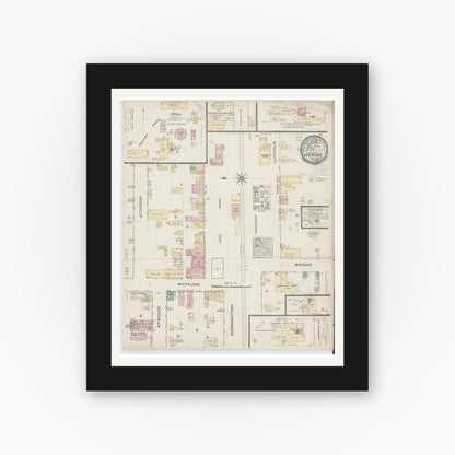 Old map wall art mockup — black gallery frame with white mat — Sanborn Fire Insurance Map from Hickory, Catawba County, North Carolina (1885), Sheet #0001