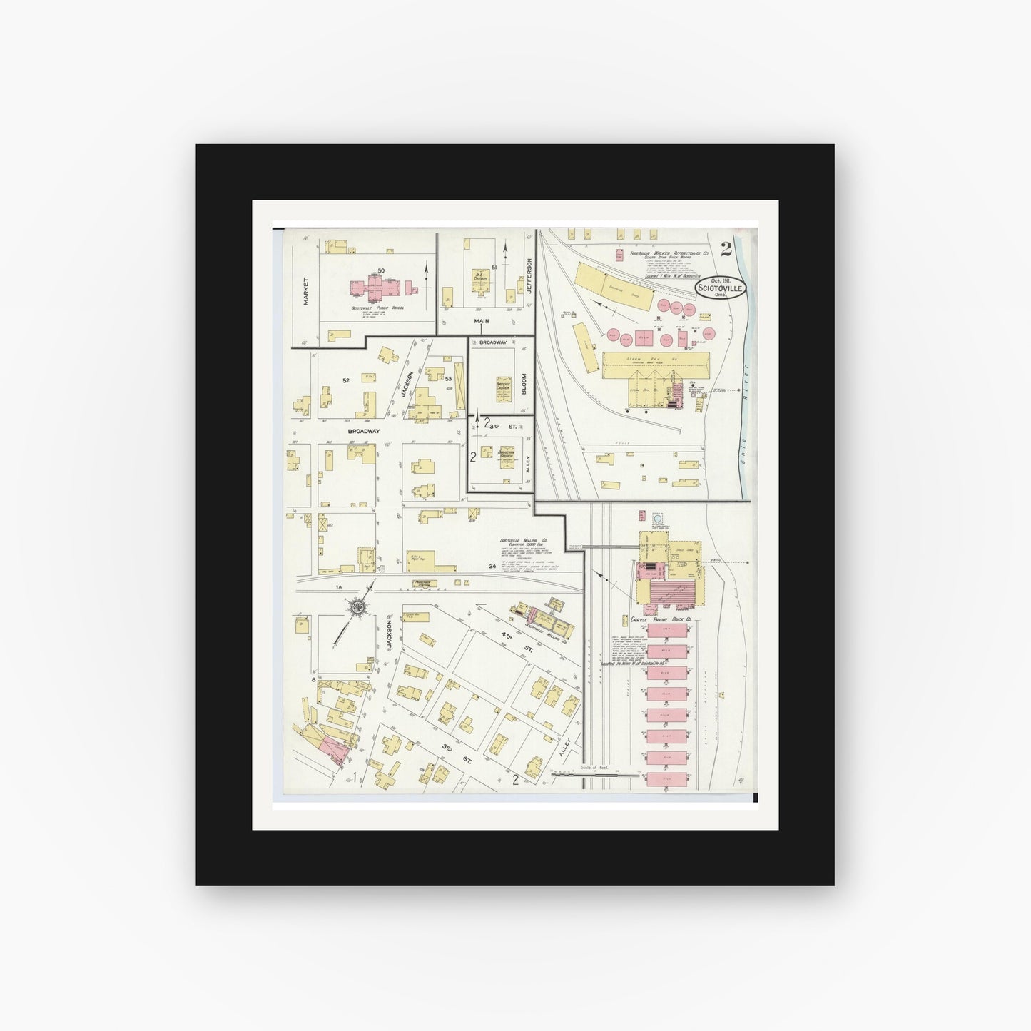 Old map wall art mockup — black gallery frame with white mat — Sanborn Fire Insurance Map from Sciotoville, Scioto County, Ohio (1911), Sheet #0002