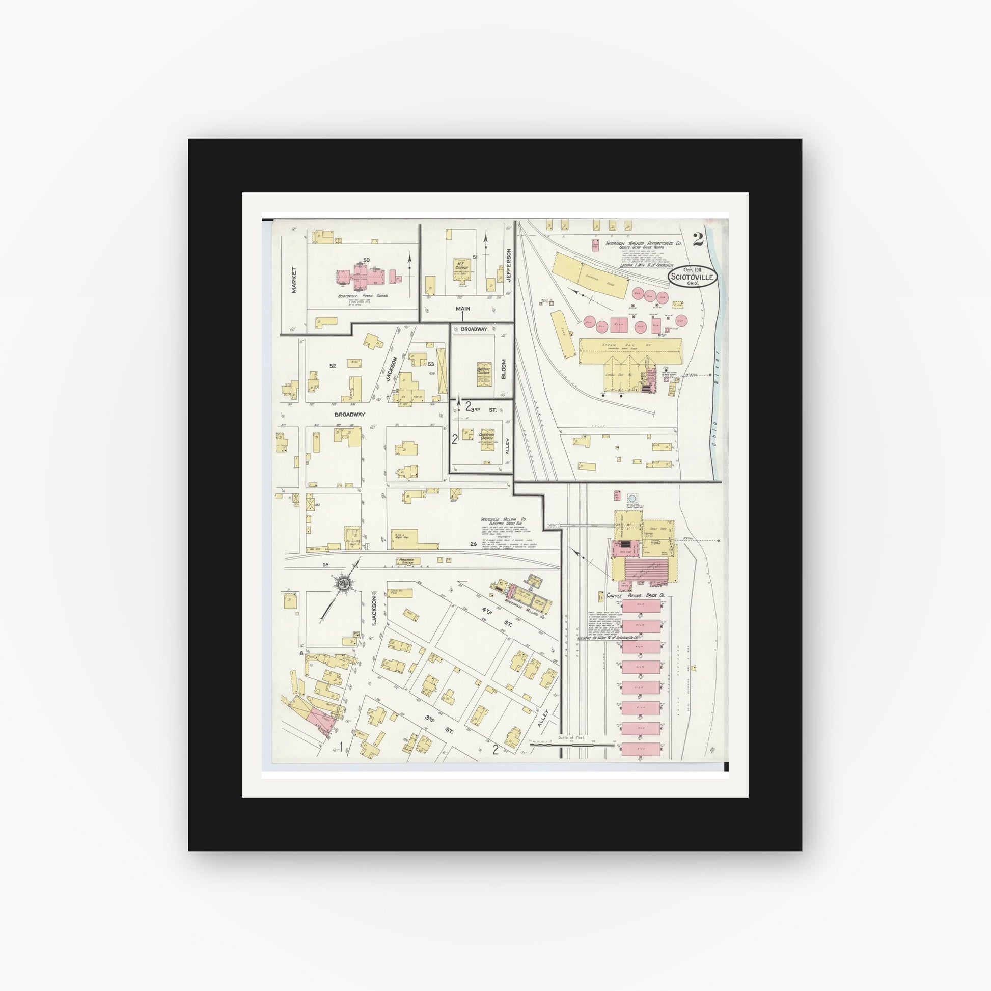 Old map wall art mockup — black gallery frame with white mat — Sanborn Fire Insurance Map from Sciotoville, Scioto County, Ohio (1911), Sheet #0002