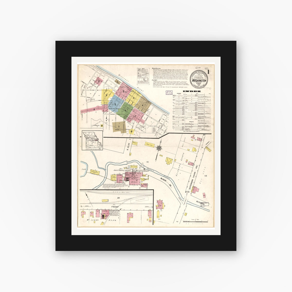 Old map wall art mockup — black gallery frame with white mat — Sanborn Fire Insurance Map from Washington, Franklin County, Missouri (1916), Sheet #0001