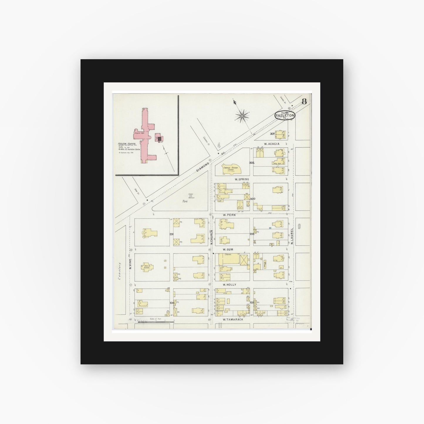 Old map wall art mockup — black gallery frame with white mat — Sanborn Fire Insurance Map from Hazleton, Luzerne County, Pennsylvania (1895), Sheet #0008