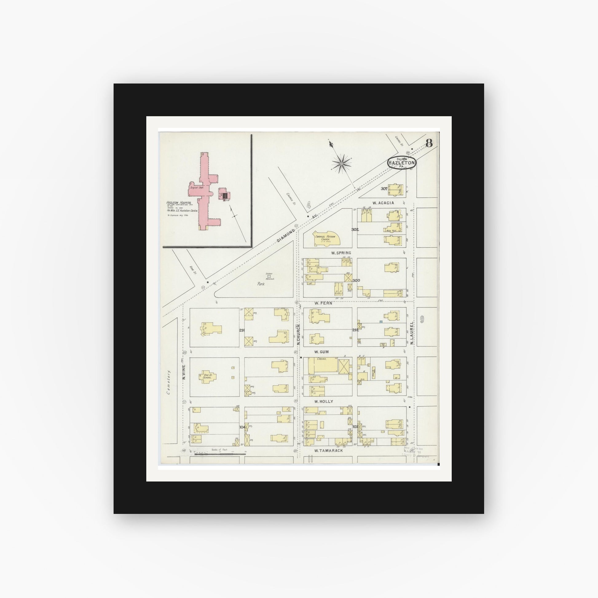 Old map wall art mockup — black gallery frame with white mat — Sanborn Fire Insurance Map from Hazleton, Luzerne County, Pennsylvania (1895), Sheet #0008