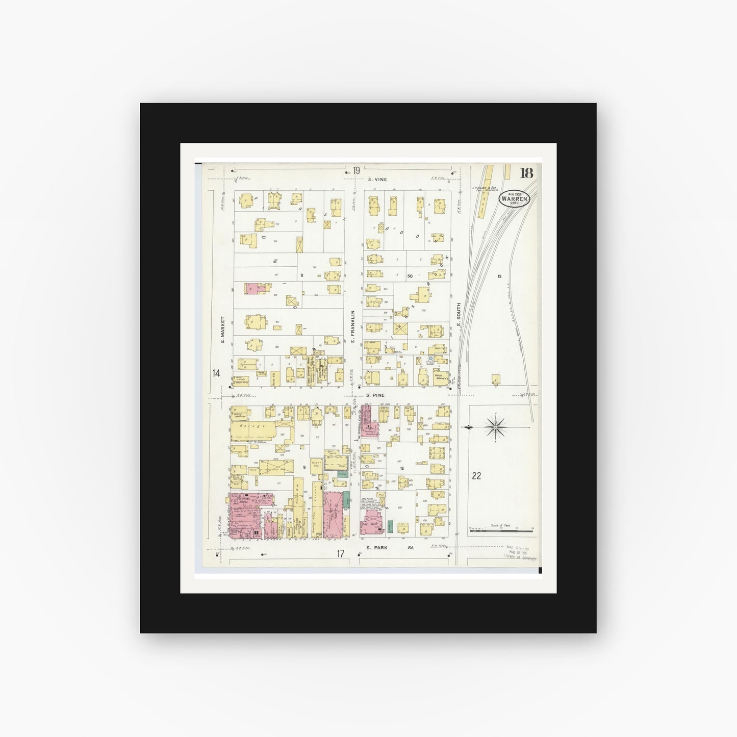 Old map wall art mockup — black gallery frame with white mat — Sanborn Fire Insurance Map from Warren, Trumbull County, Ohio (1908), Sheet #0018