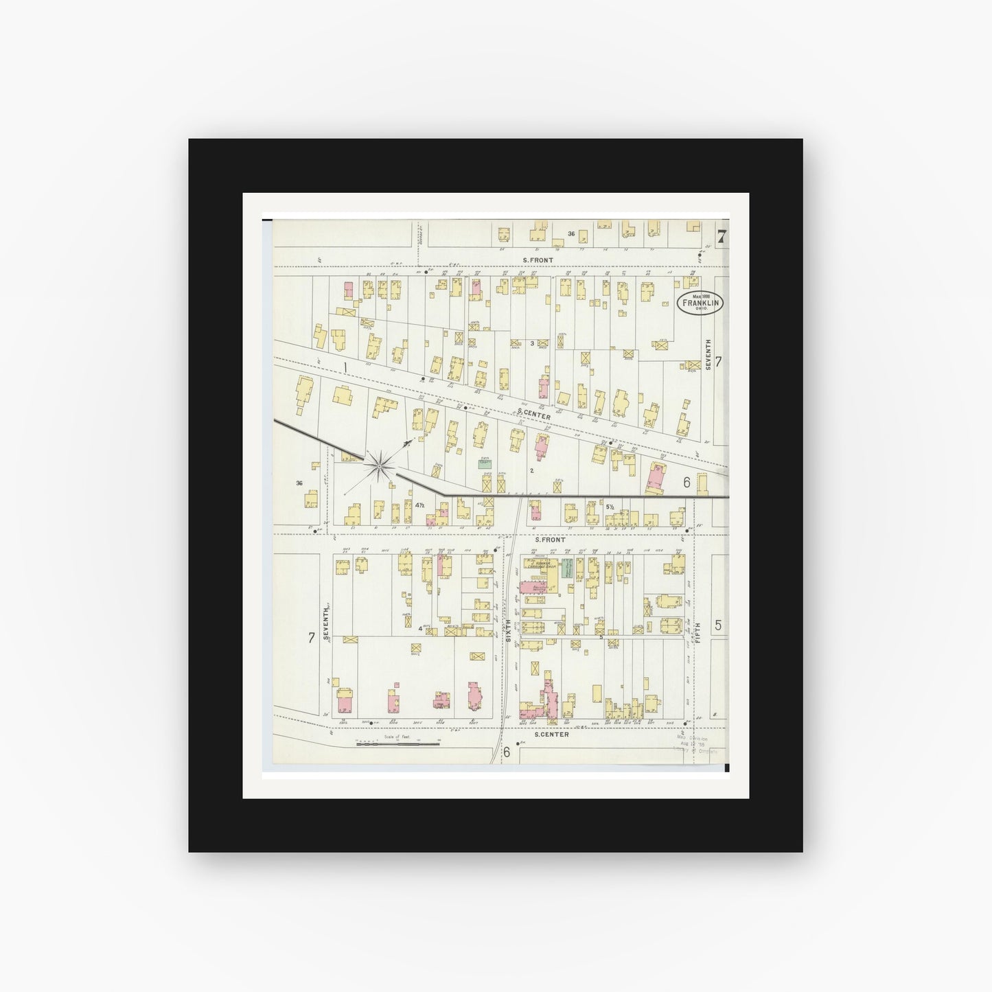 Old map wall art mockup — black gallery frame with white mat — Sanborn Fire Insurance Map from Franklin, Warren County, Ohio (1898), Sheet #0007
