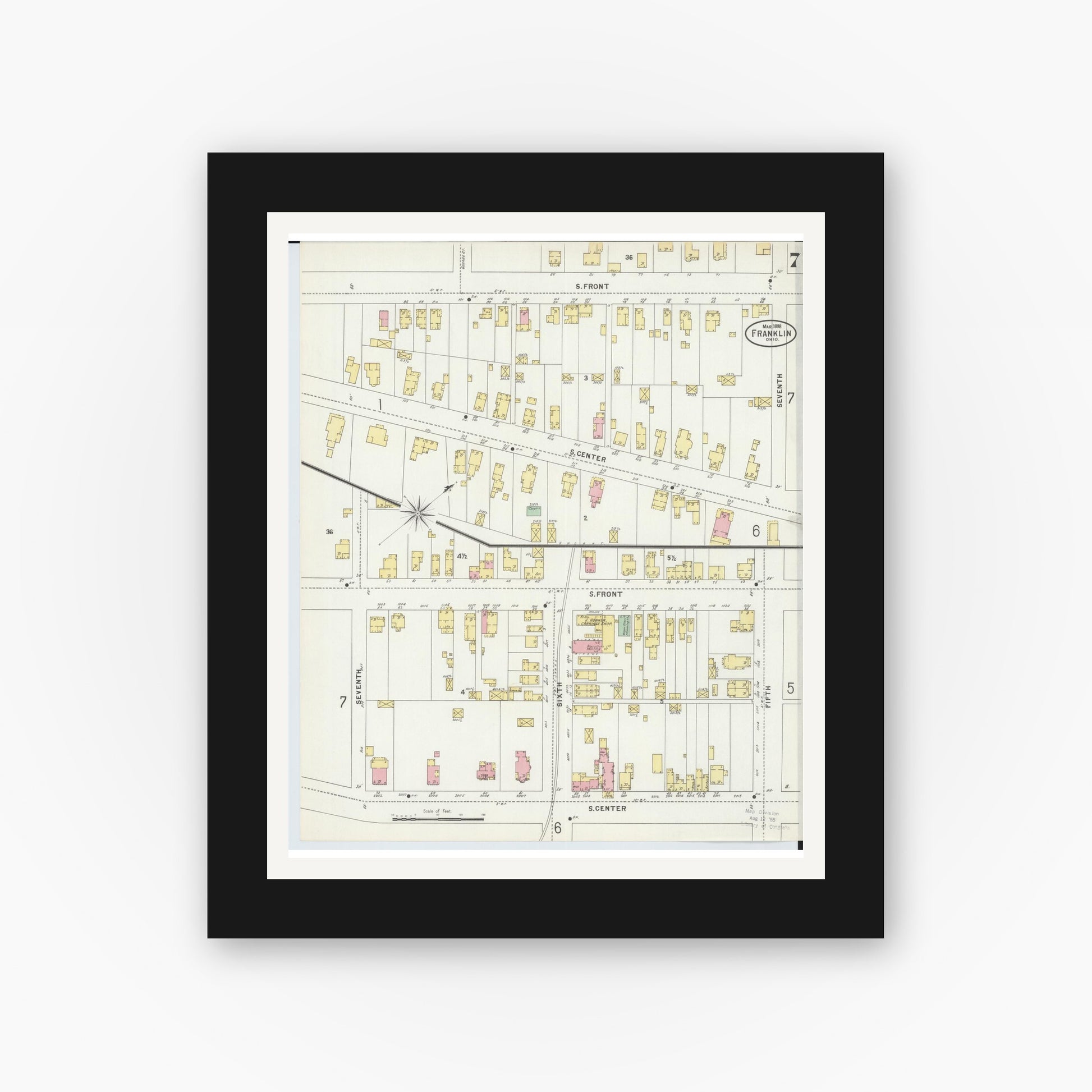 Old map wall art mockup — black gallery frame with white mat — Sanborn Fire Insurance Map from Franklin, Warren County, Ohio (1898), Sheet #0007