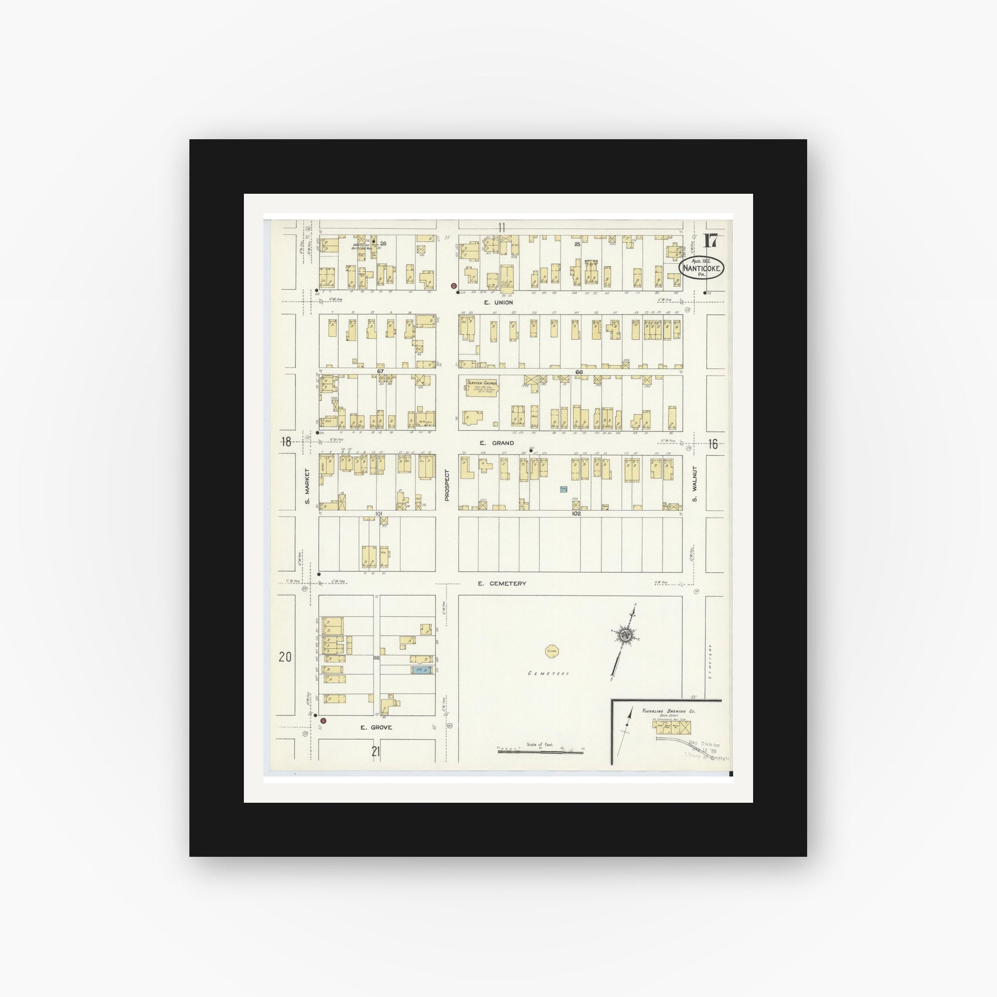 Old map wall art mockup — black gallery frame with white mat — Sanborn Fire Insurance Map from Nanticoke, Luzerne County, Pennsylvania (1912), Sheet #0017