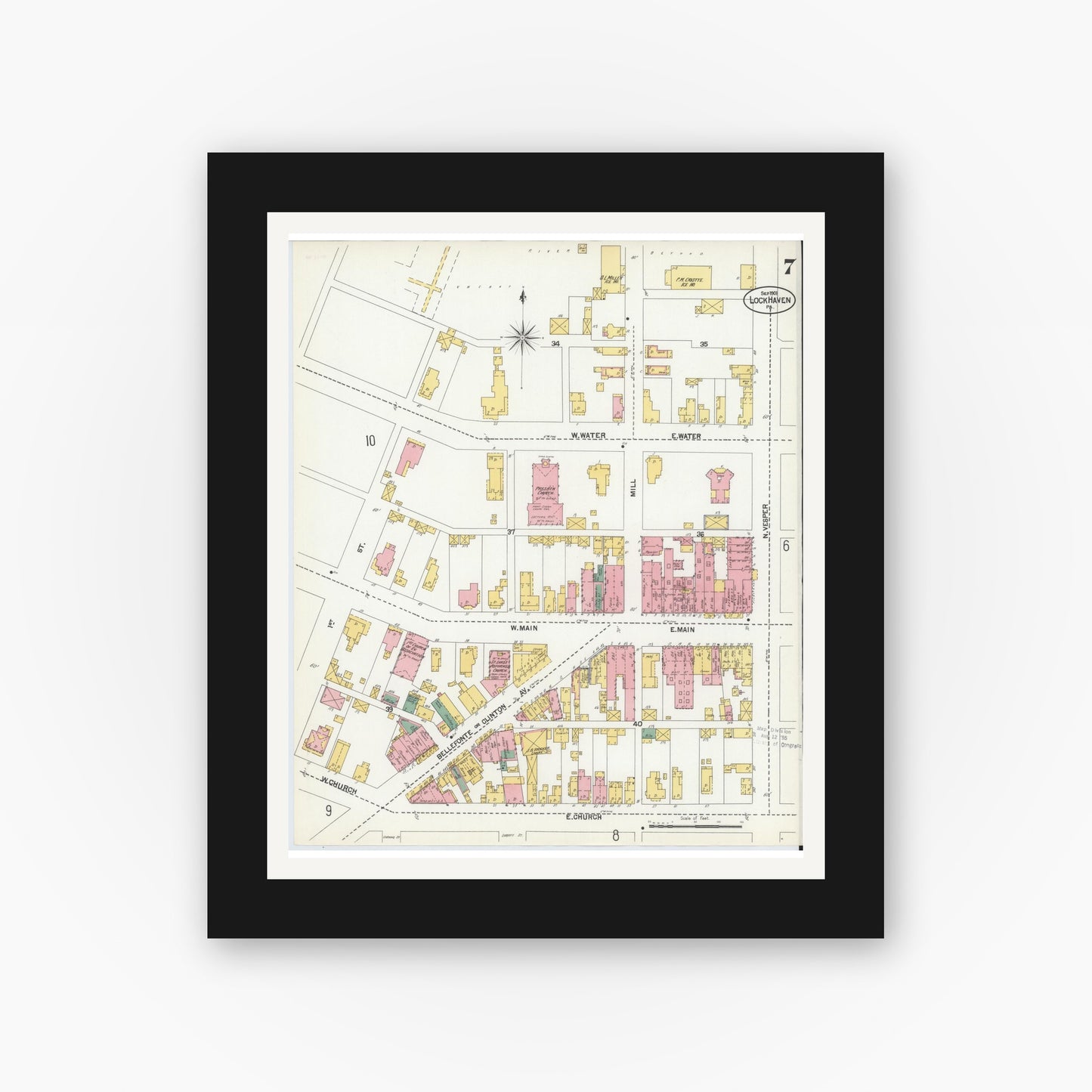Old map wall art mockup — black gallery frame with white mat — Sanborn Fire Insurance Map from Lock Haven, Clinton County, Pennsylvania (1901), Sheet #0007