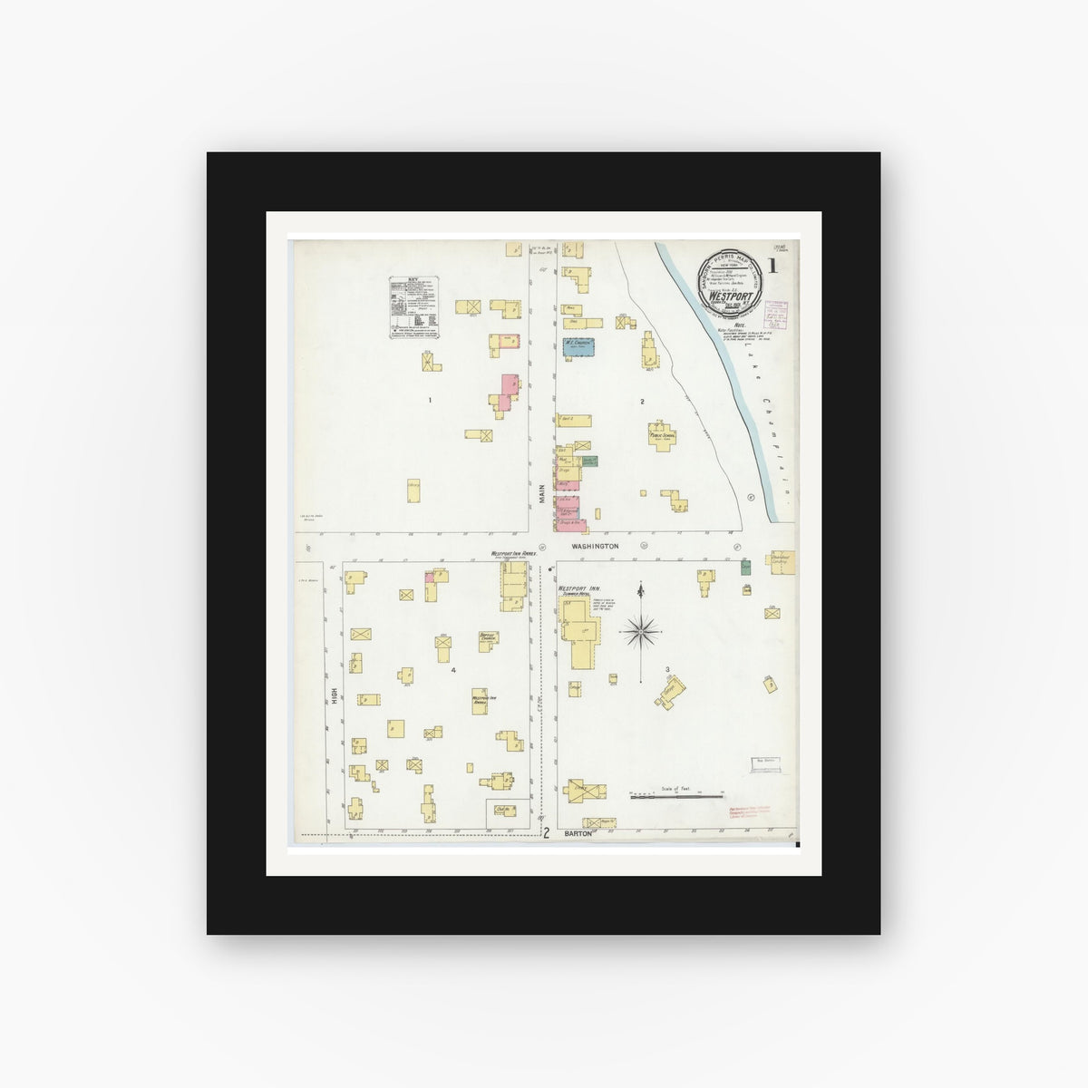 Old map wall art mockup — black gallery frame with white mat — Sanborn Fire Insurance Map from Westport, Essex County, New York (1901) - Complete Map Set