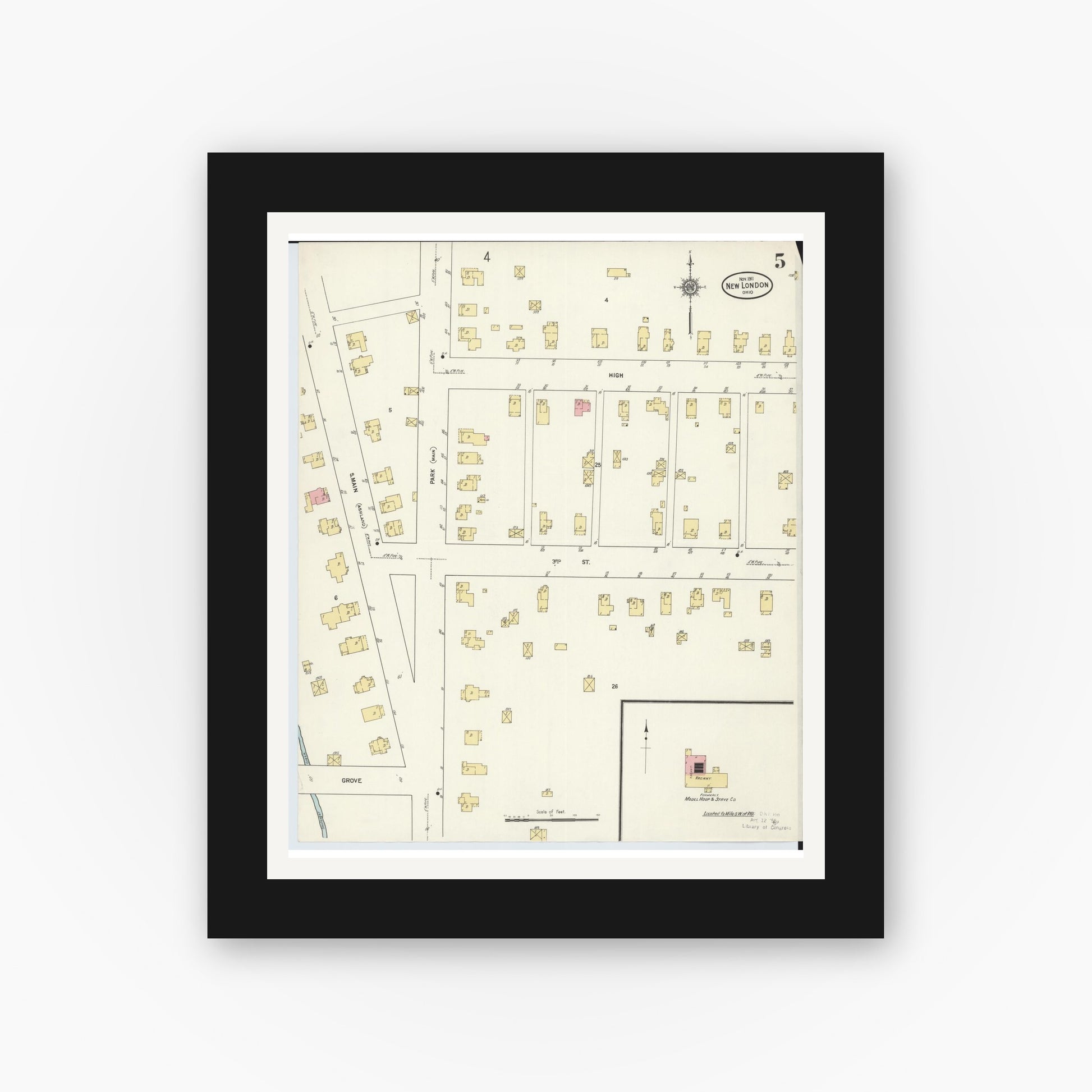 Old map wall art mockup — black gallery frame with white mat — Sanborn Fire Insurance Map from New London, Huron County, Ohio (1911), Sheet #0005