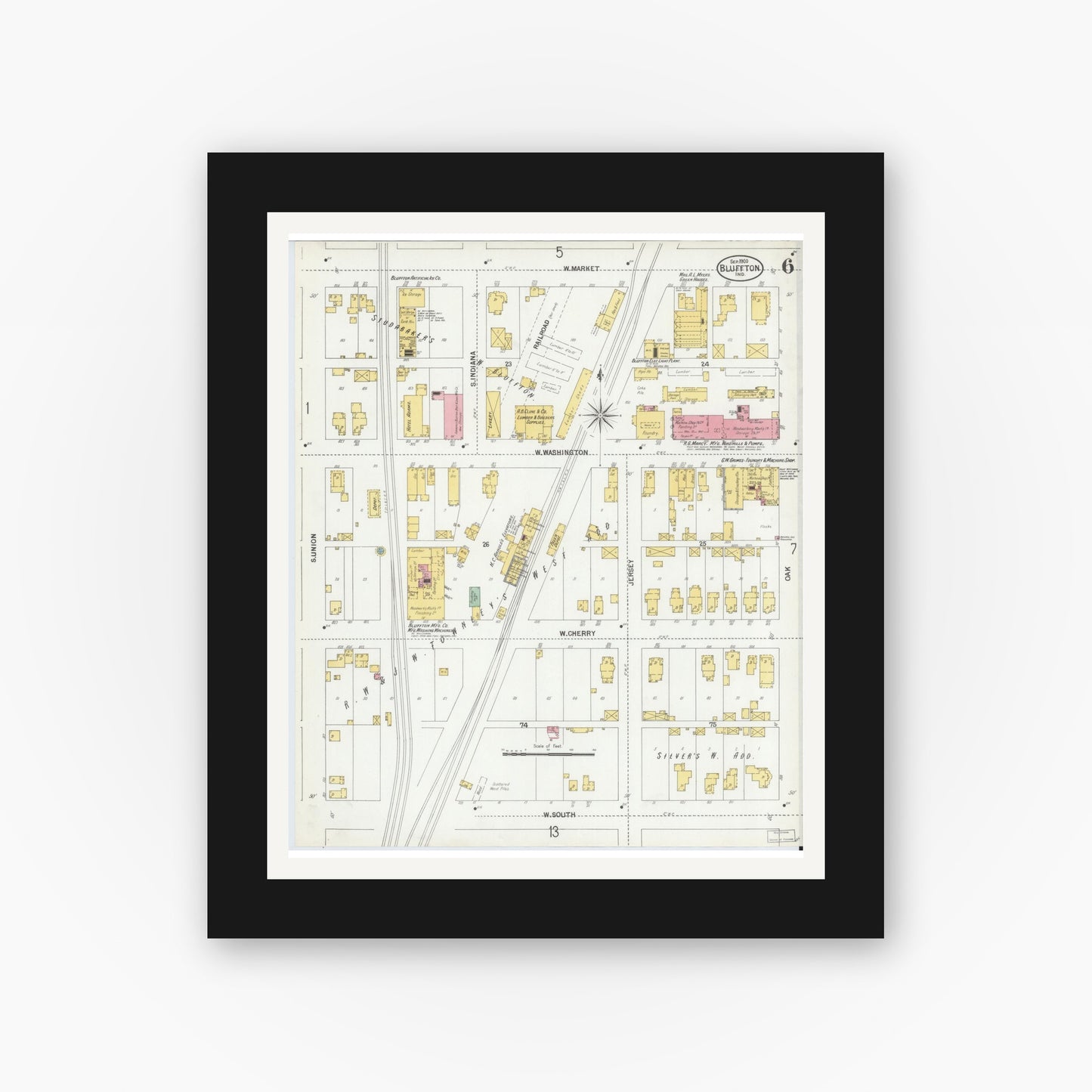Old map wall art mockup — black gallery frame with white mat — Sanborn Fire Insurance Map from Bluffton, Wells County, Indiana (1900), Sheet #0006