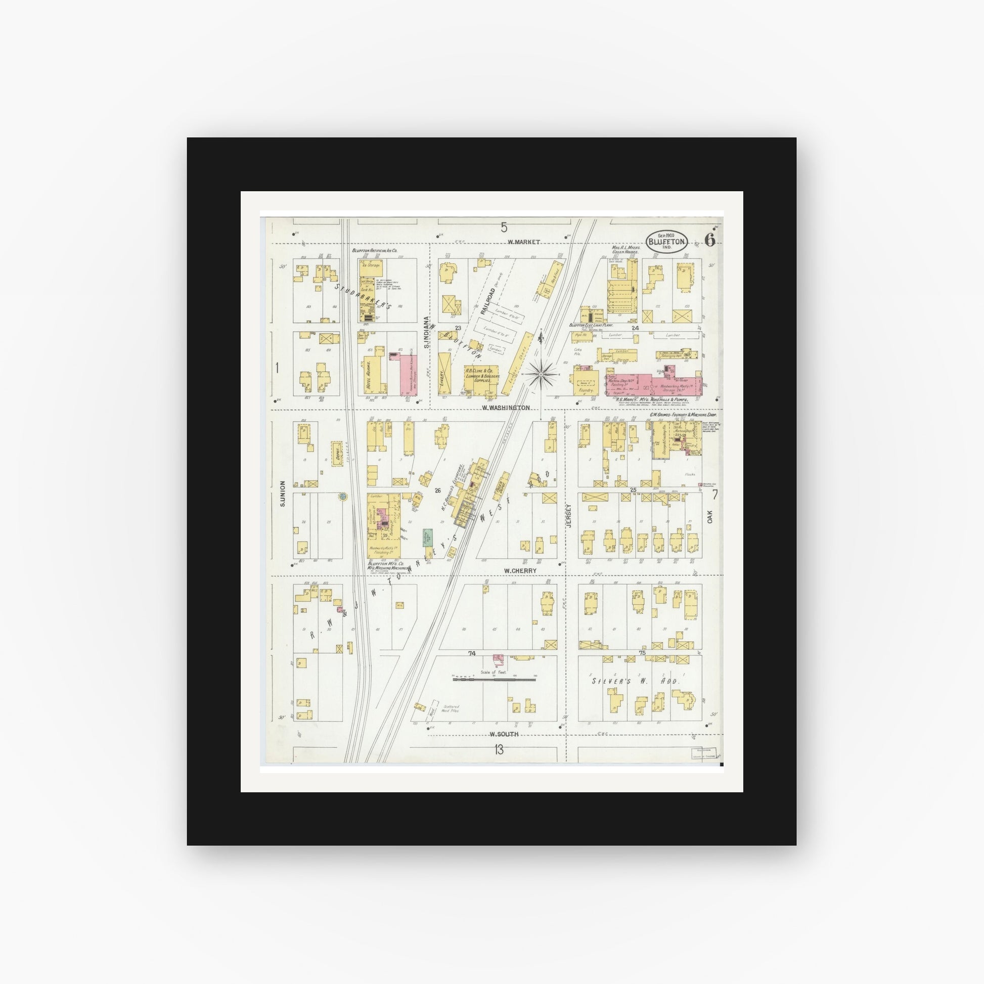 Old map wall art mockup — black gallery frame with white mat — Sanborn Fire Insurance Map from Bluffton, Wells County, Indiana (1900), Sheet #0006