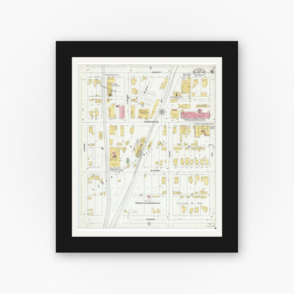 Old map wall art mockup — black gallery frame with white mat — Sanborn Fire Insurance Map from Bluffton, Wells County, Indiana (1900), Sheet #0006