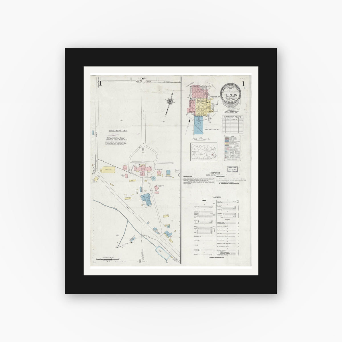 Old map wall art mockup — black gallery frame with white mat — Sanborn Fire Insurance Map from Topton, Berks County, Pennsylvania (1947), Sheet #0001