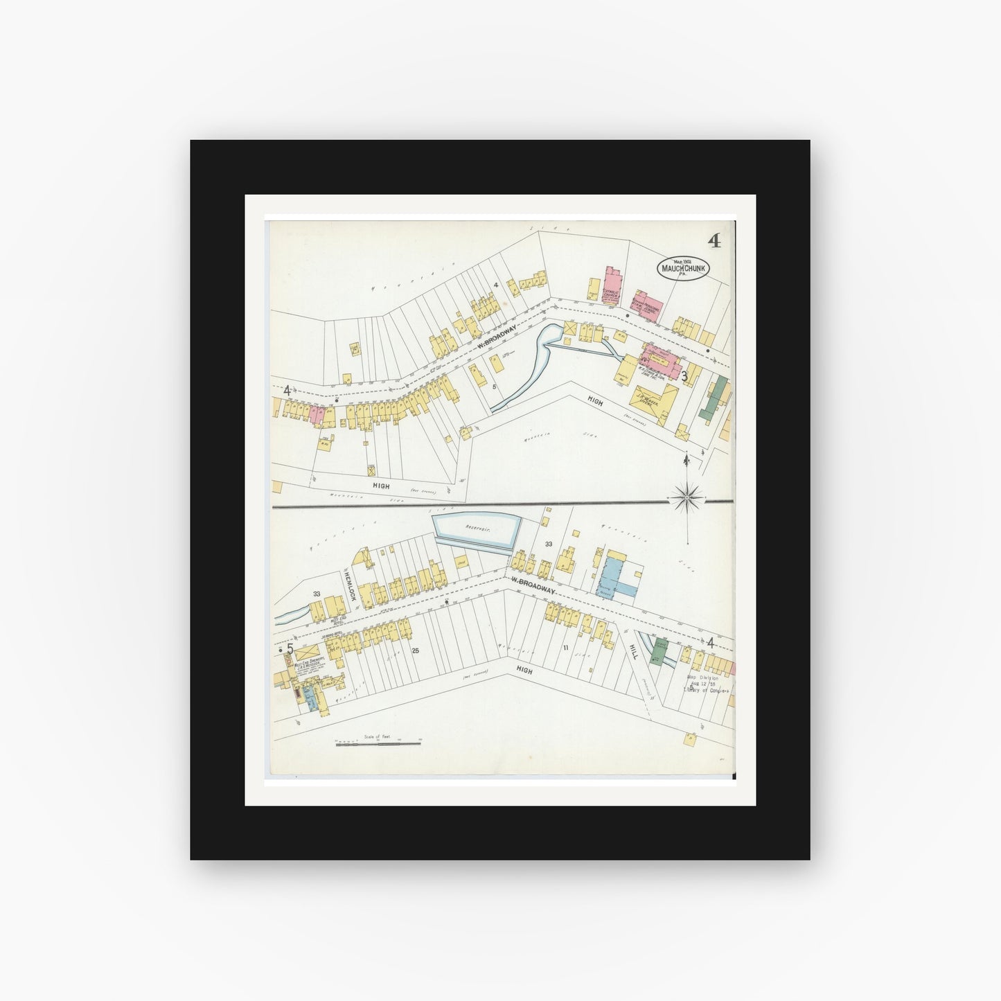 Old map wall art mockup — black gallery frame with white mat — Sanborn Fire Insurance Map from Mauch Chunk, Carbon County, Pennsylvania (1902), Sheet #0004