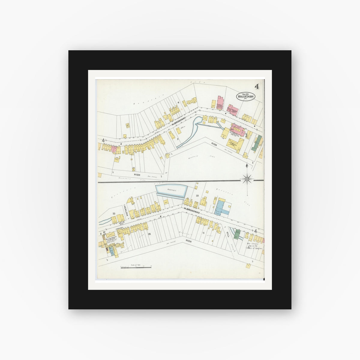 Old map wall art mockup — black gallery frame with white mat — Sanborn Fire Insurance Map from Mauch Chunk, Carbon County, Pennsylvania (1902), Sheet #0004