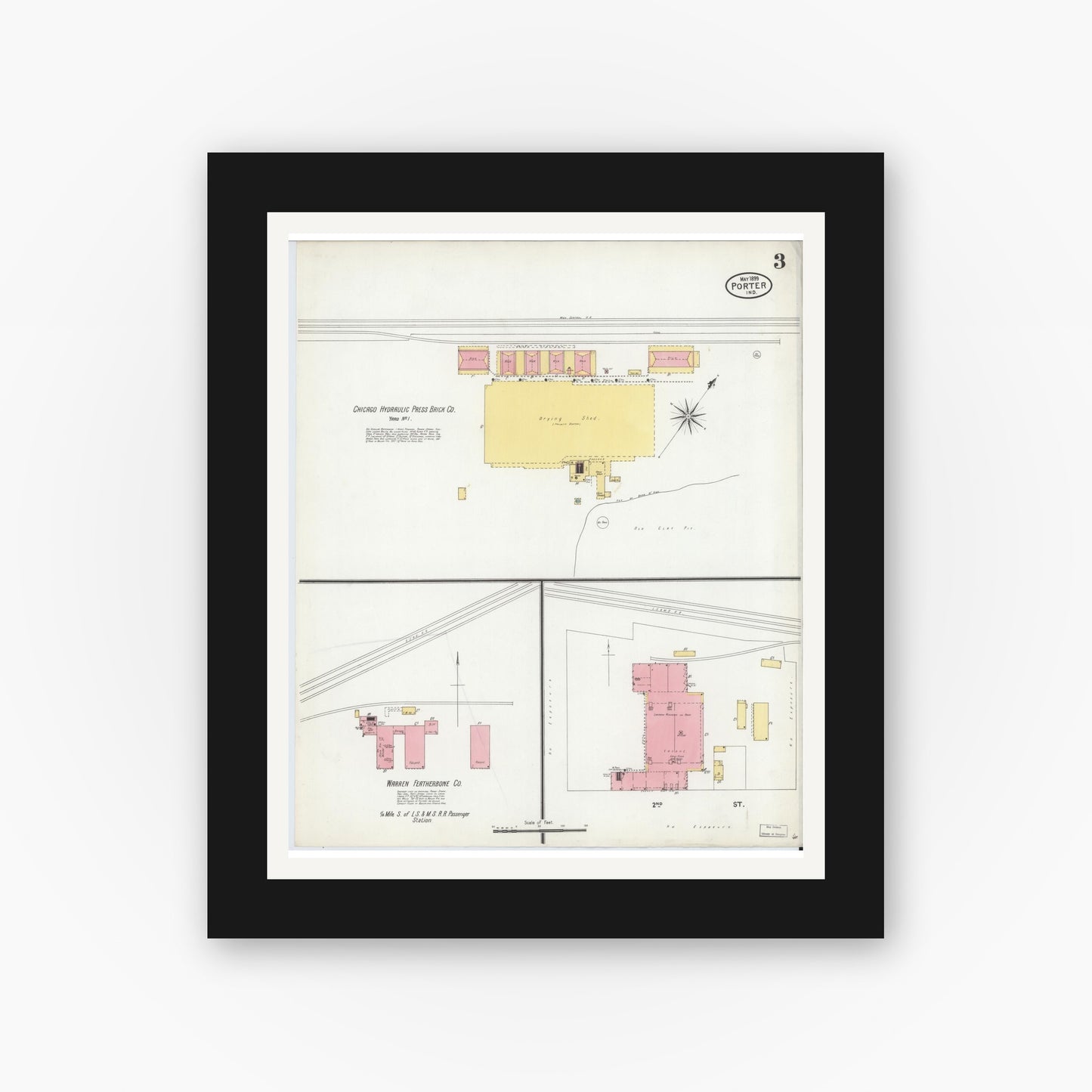 Old map wall art mockup — black gallery frame with white mat — Sanborn Fire Insurance Map from Porter, Porter County, Indiana (1899), Sheet #0003