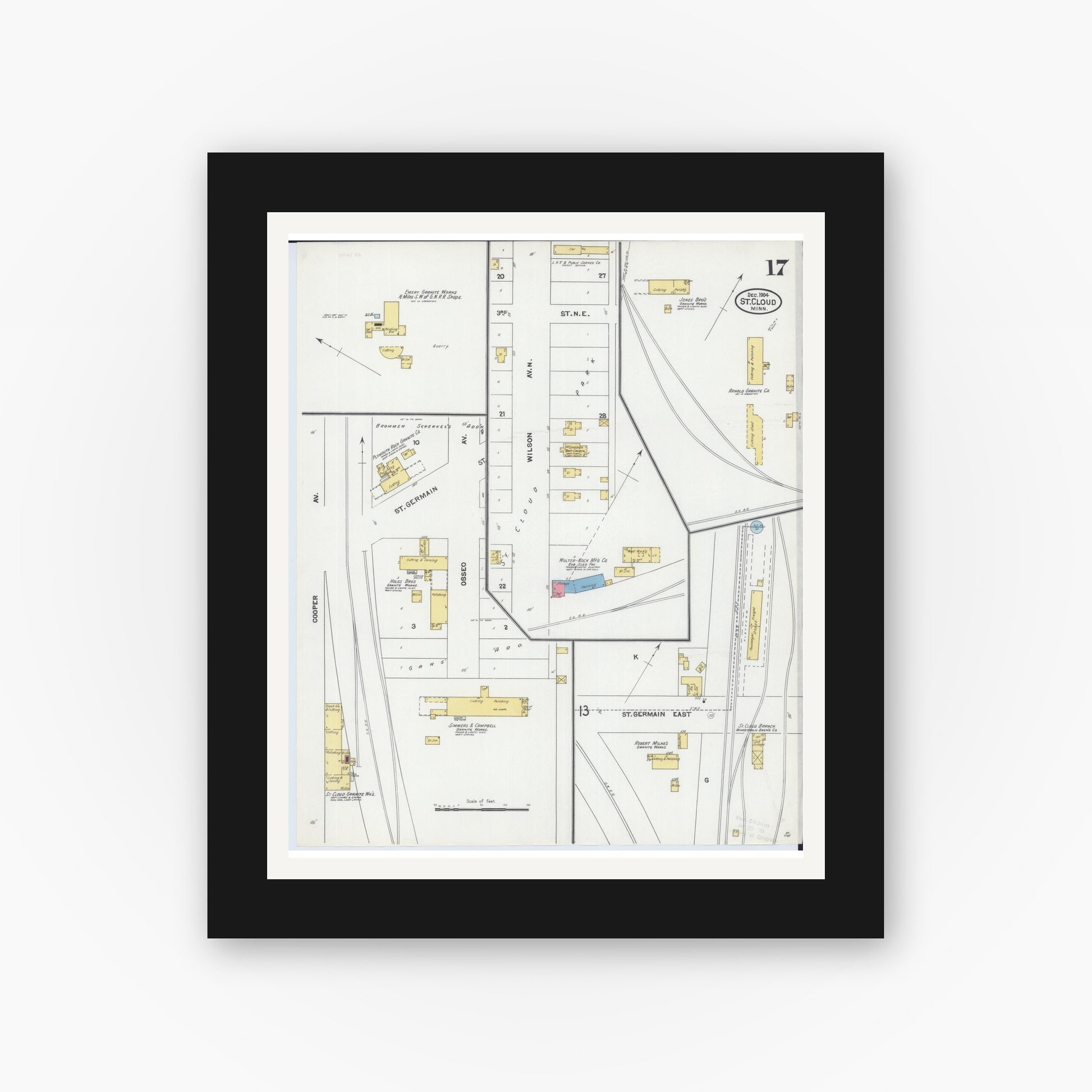 Old map wall art mockup — black gallery frame with white mat — Sanborn Fire Insurance Map from Saint Cloud, Stearns, Benton, and Sherburne Counties, Minnesota (1904), Sheet #0017