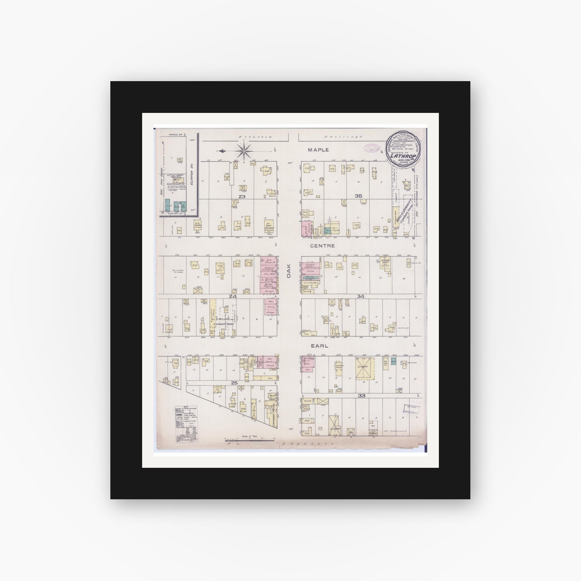Old map wall art mockup — black gallery frame with white mat — Sanborn Fire Insurance Map from Lathrop, Clinton County, Missouri (Unknown), Sheet #0001