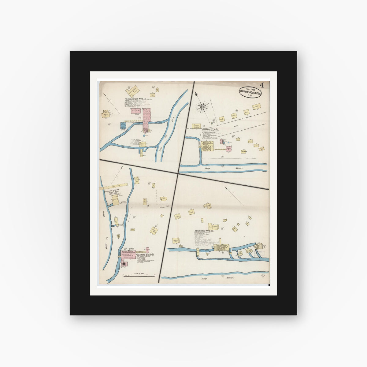 Old map wall art mockup — black gallery frame with white mat — Sanborn Fire Insurance Map from Trinity College, Randolph County, North Carolina (1885), Sheet #0004