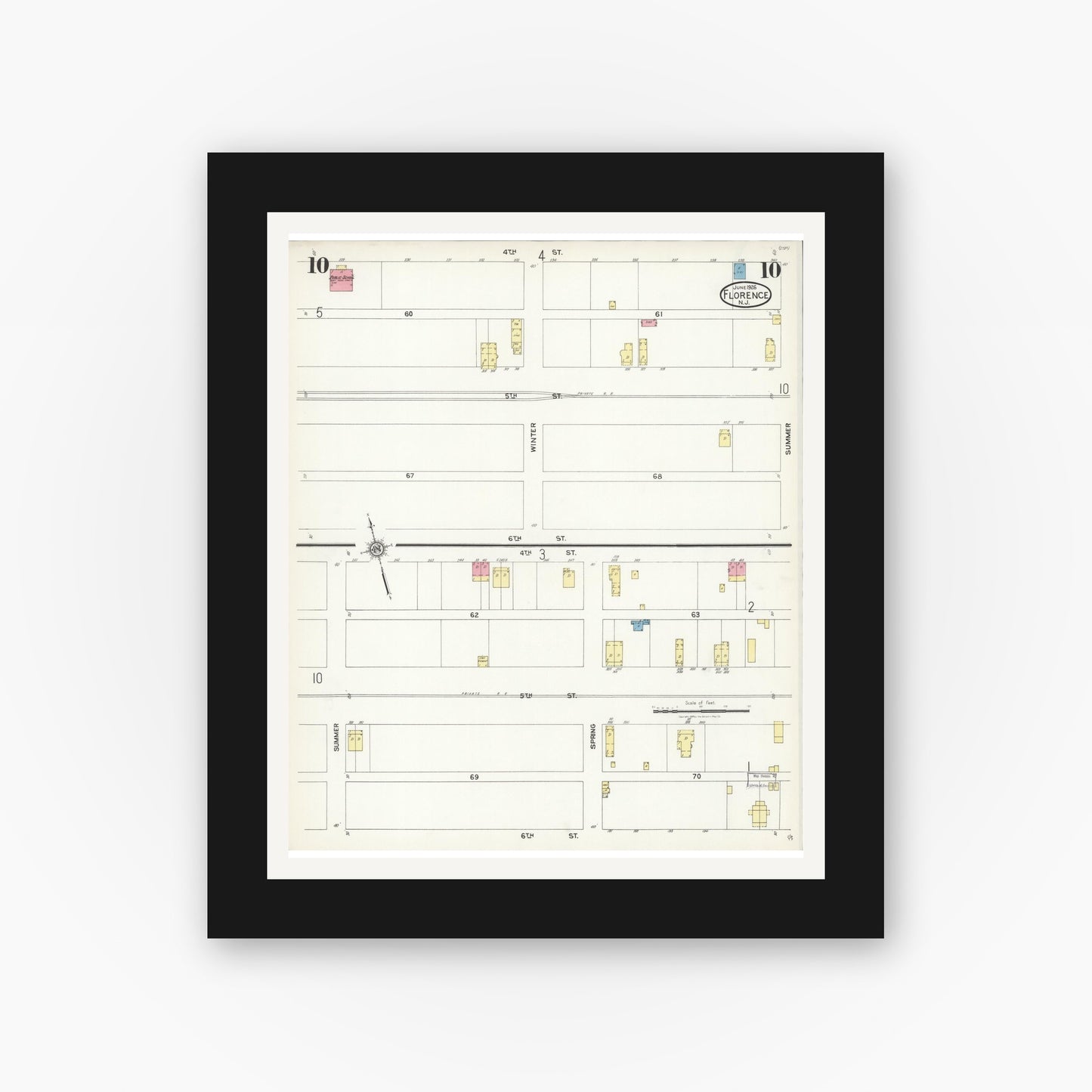 Old map wall art mockup — black gallery frame with white mat — Sanborn Fire Insurance Map from Florence, Burlington County, New Jersey (1926), Sheet #0010