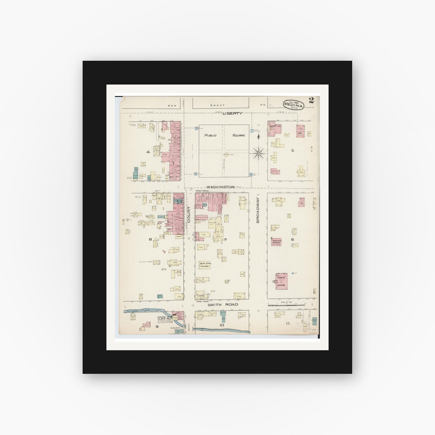 Old map wall art mockup — black gallery frame with white mat — Sanborn Fire Insurance Map from Medina, Medina County, Ohio (1885), Sheet #0002
