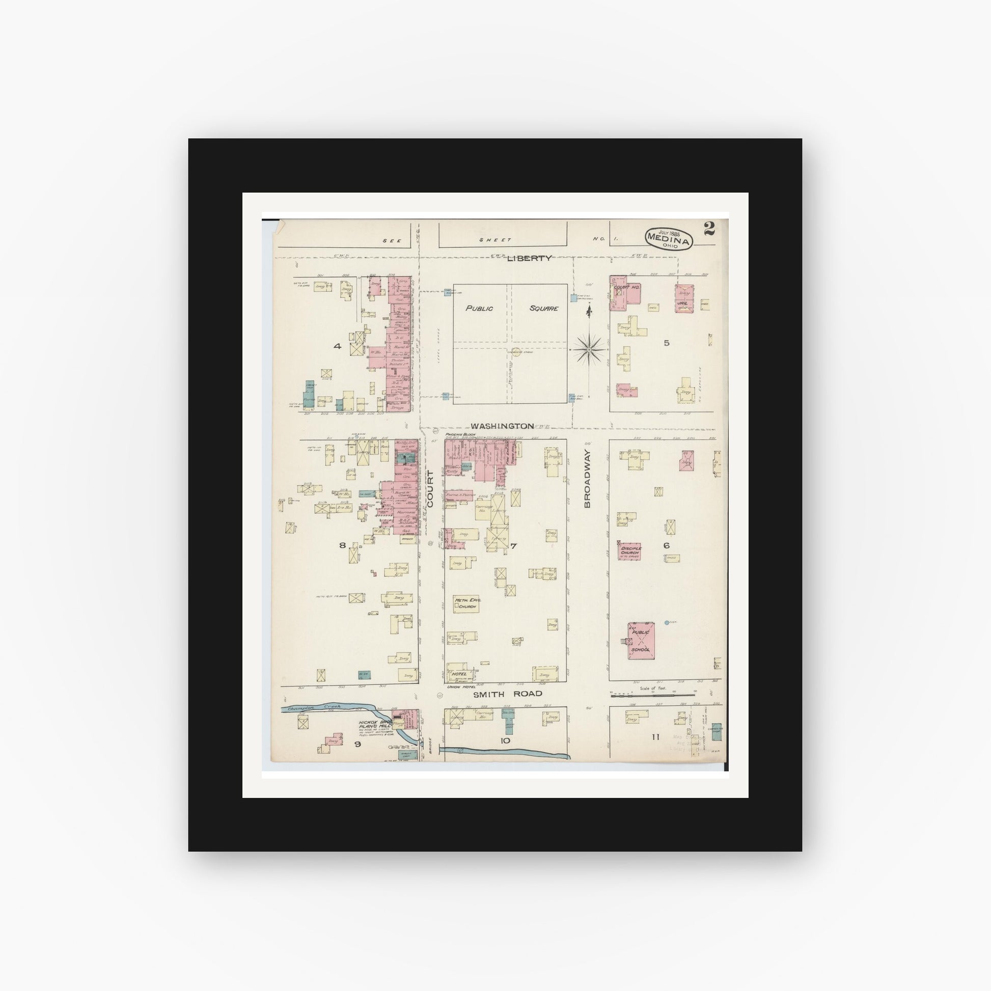 Old map wall art mockup — black gallery frame with white mat — Sanborn Fire Insurance Map from Medina, Medina County, Ohio (1885), Sheet #0002