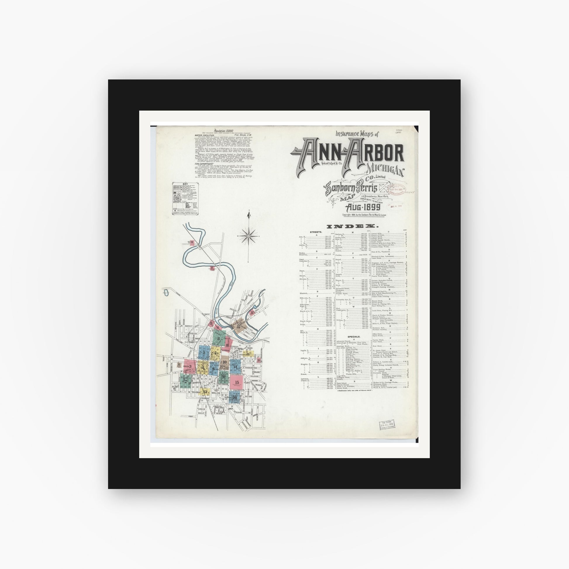 Old map wall art mockup — black gallery frame with white mat — Sanborn Fire Insurance Map from Ann Arbor, Washtenaw County, Michigan (1899), Sheet #0001