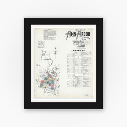 Old map wall art mockup — black gallery frame with white mat — Sanborn Fire Insurance Map from Ann Arbor, Washtenaw County, Michigan (1899), Sheet #0001