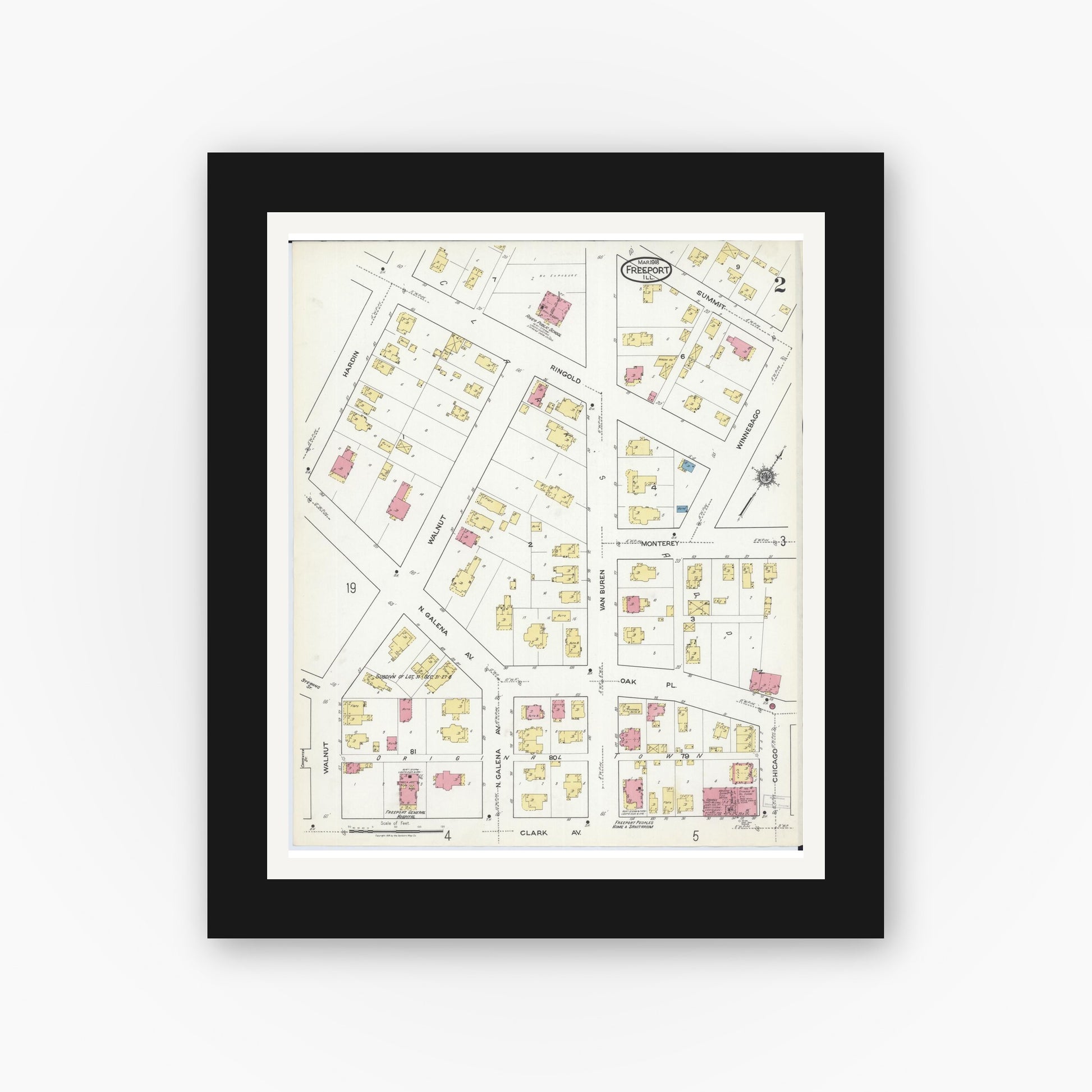 Old map wall art mockup — black gallery frame with white mat — Sanborn Fire Insurance Map from Freeport, Stephenson County, Illinois (1918), Sheet #0002