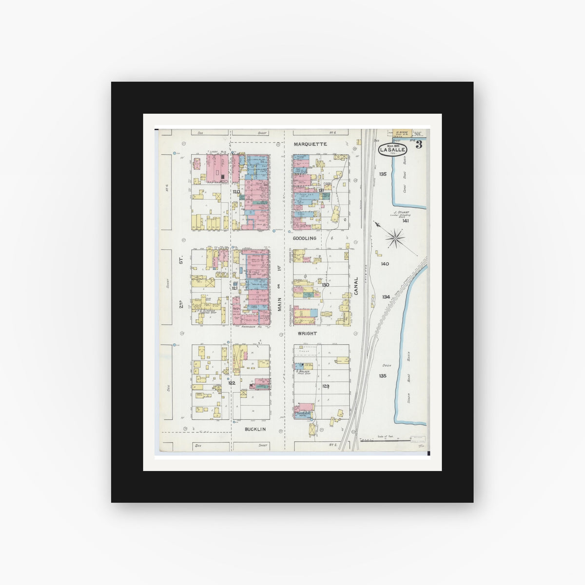 Old map wall art mockup — black gallery frame with white mat — Sanborn Fire Insurance Map from La Salle, La Salle County, Illinois (1892), Sheet #0003