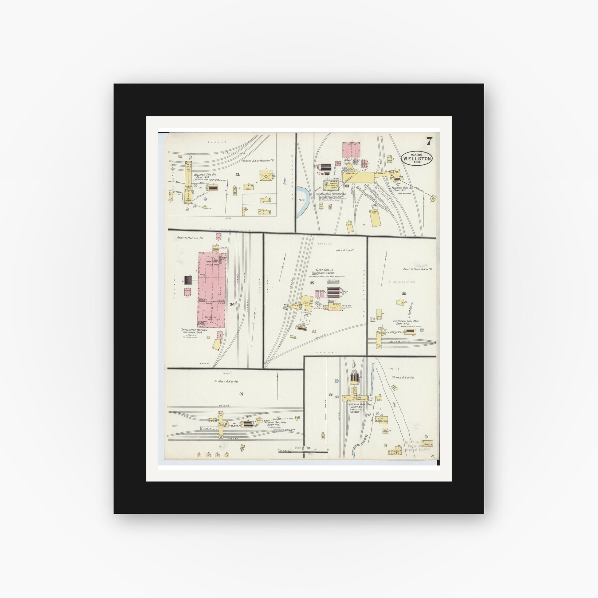 Old map wall art mockup — black gallery frame with white mat — Sanborn Fire Insurance Map from Wellston, Jackson County, Ohio (1897), Sheet #0007