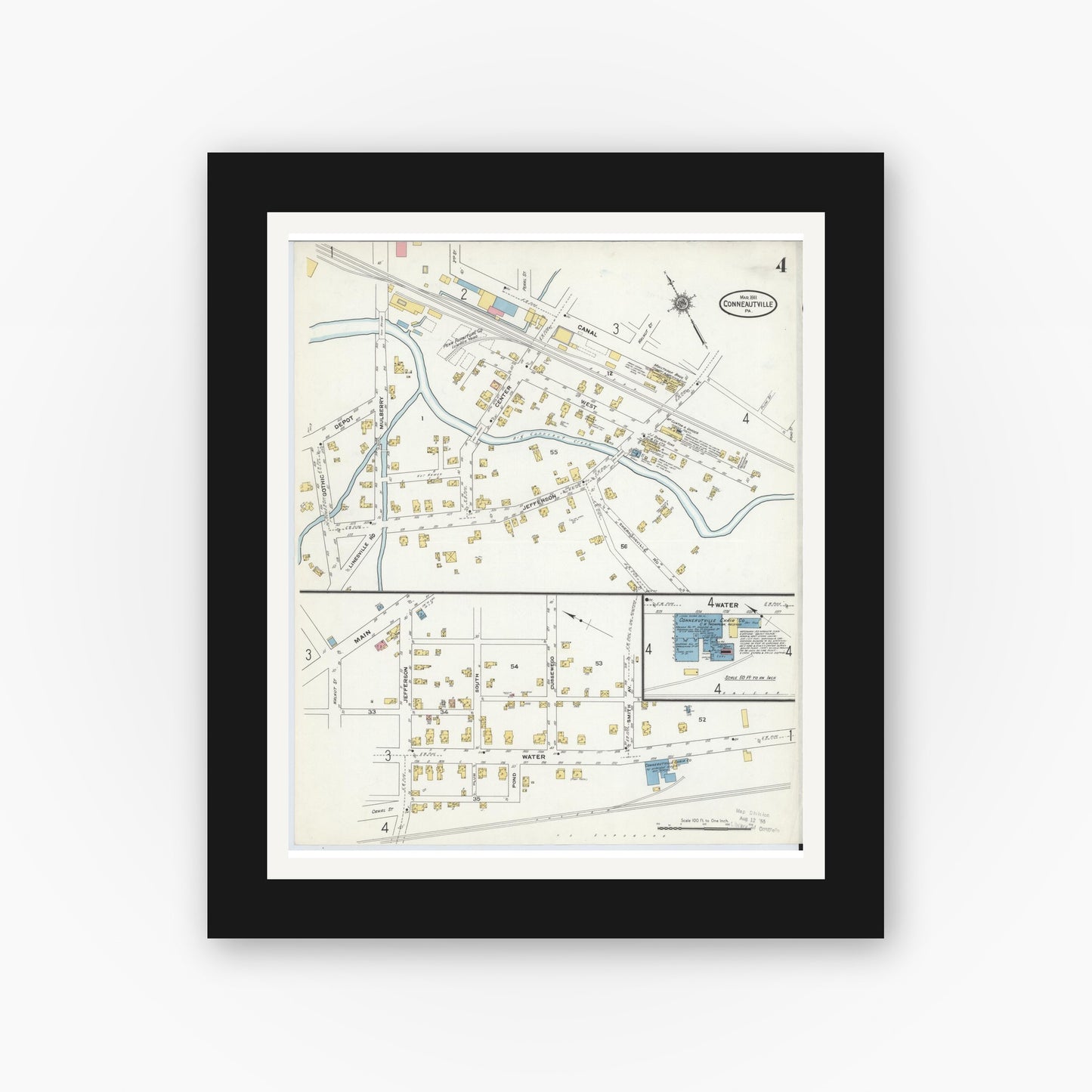 Old map wall art mockup — black gallery frame with white mat — Sanborn Fire Insurance Map from Conneautville, Crawford County, Pennsylvania (1911), Sheet #0004