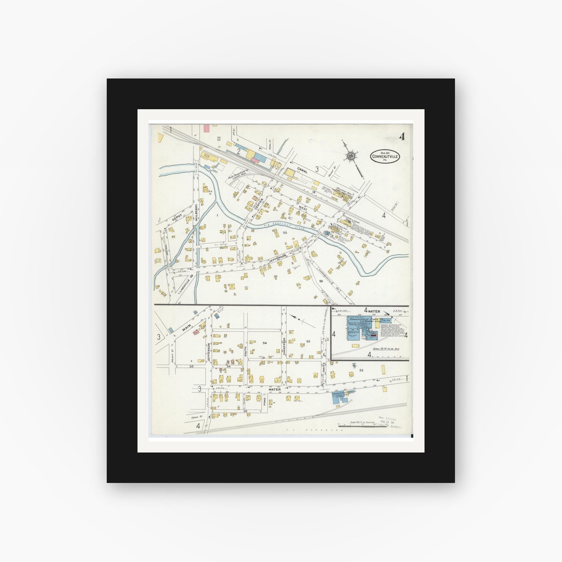 Old map wall art mockup — black gallery frame with white mat — Sanborn Fire Insurance Map from Conneautville, Crawford County, Pennsylvania (1911), Sheet #0004