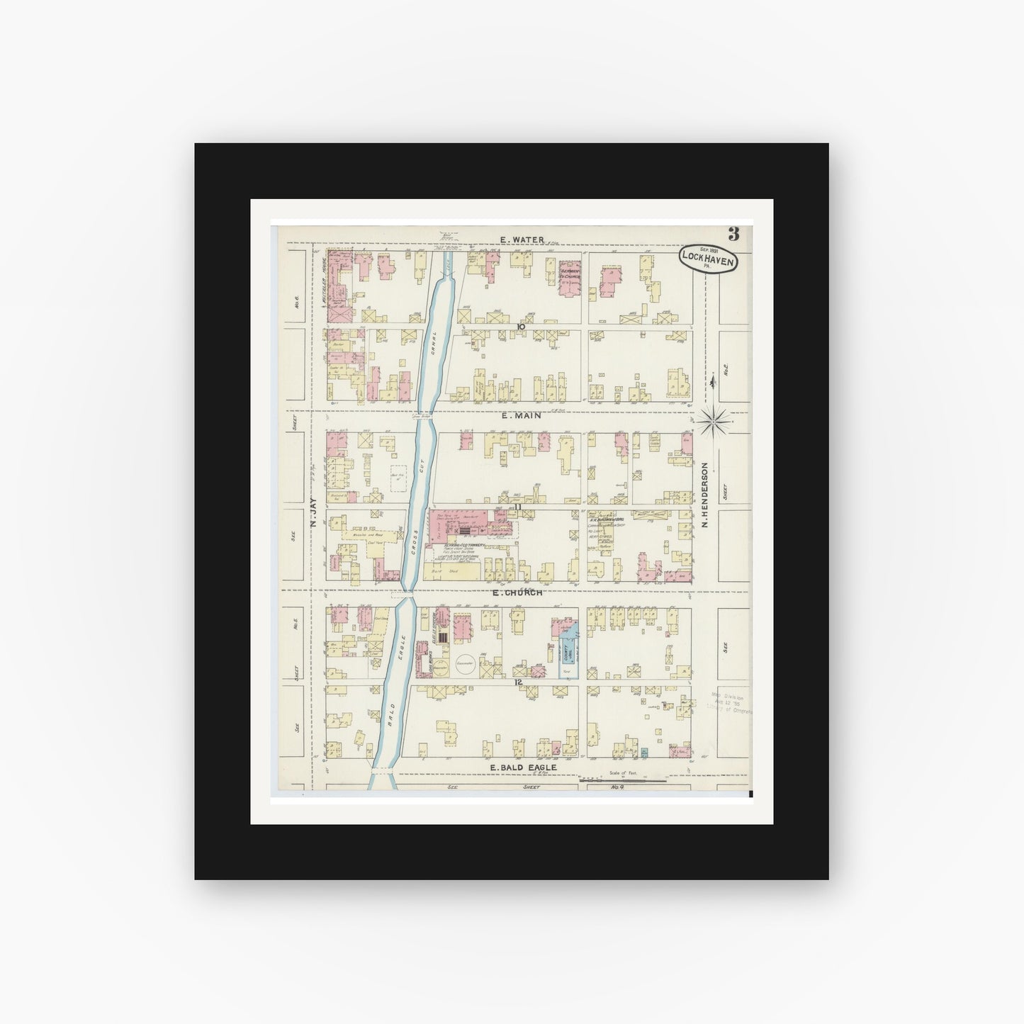 Old map wall art mockup — black gallery frame with white mat — Sanborn Fire Insurance Map from Lock Haven, Clinton County, Pennsylvania (1891), Sheet #0003