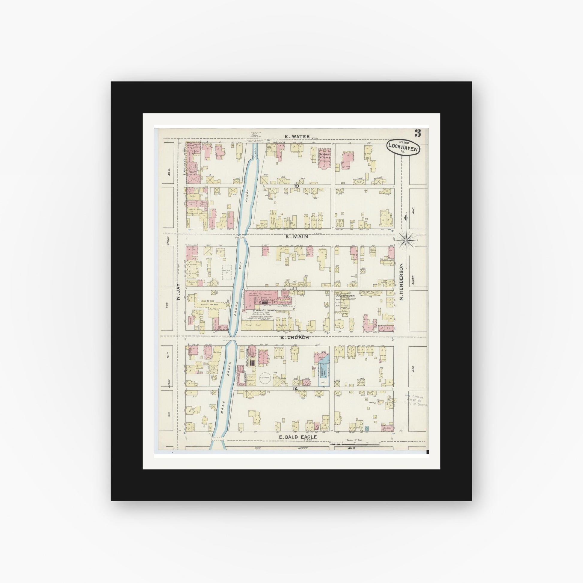 Old map wall art mockup — black gallery frame with white mat — Sanborn Fire Insurance Map from Lock Haven, Clinton County, Pennsylvania (1891), Sheet #0003