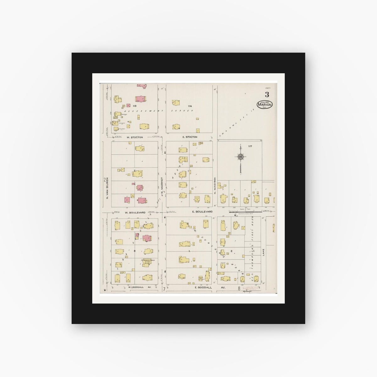 Old map wall art mockup — black gallery frame with white mat — Sanborn Fire Insurance Map from Marion, Williamson County, Illinois (1922), Sheet #0003