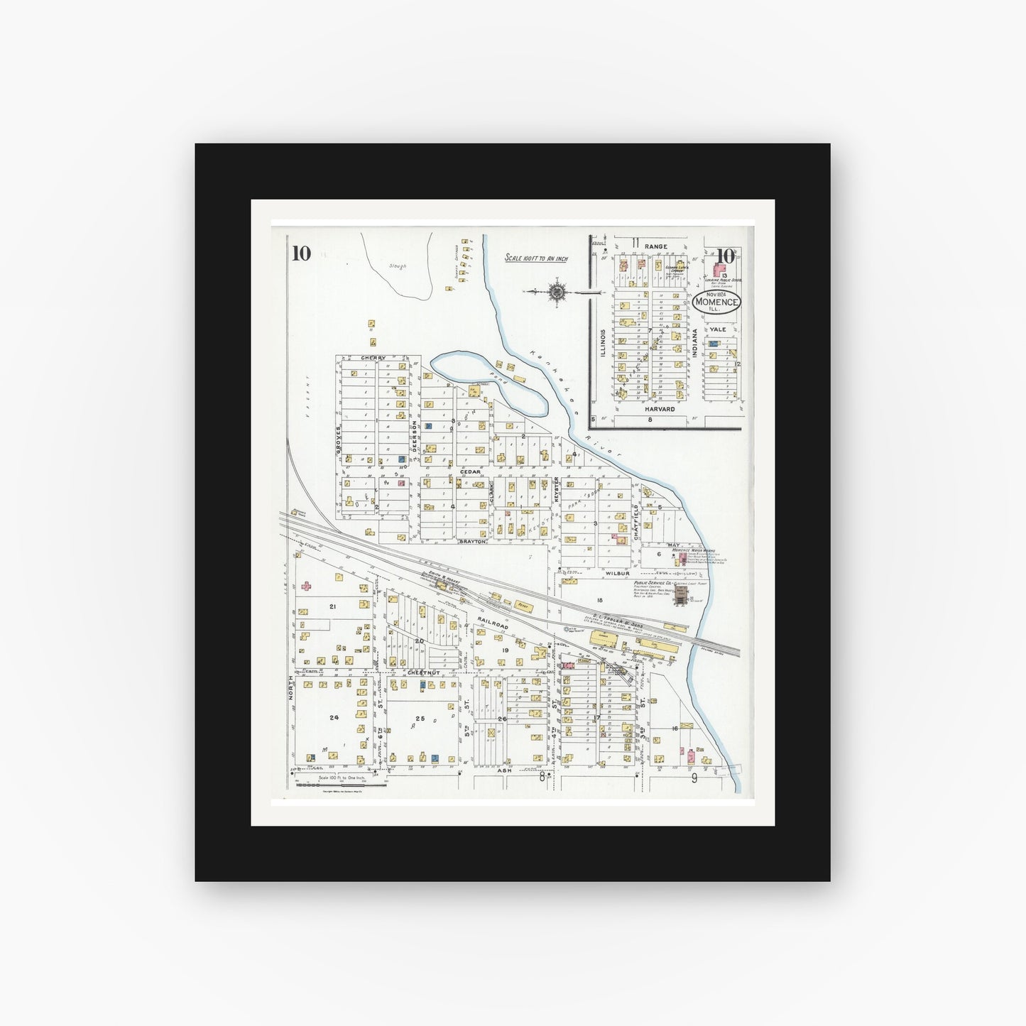 Old map wall art mockup — black gallery frame with white mat — Sanborn Fire Insurance Map from Momence, Kankakee County, Illinois (1924), Sheet #0010