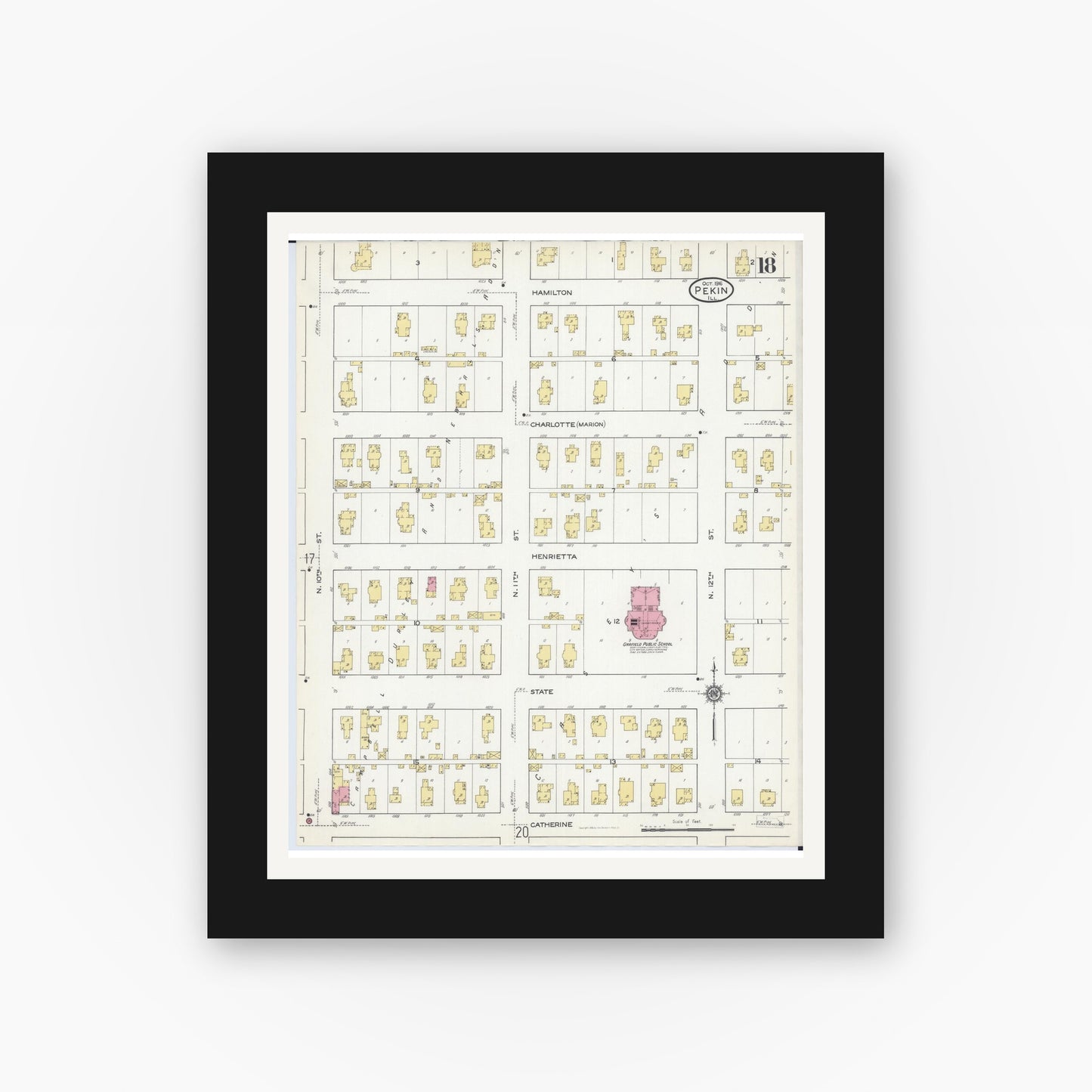 Old map wall art mockup — black gallery frame with white mat — Sanborn Fire Insurance Map from Pekin, Tazewell County, Illinois (1916), Sheet #0018