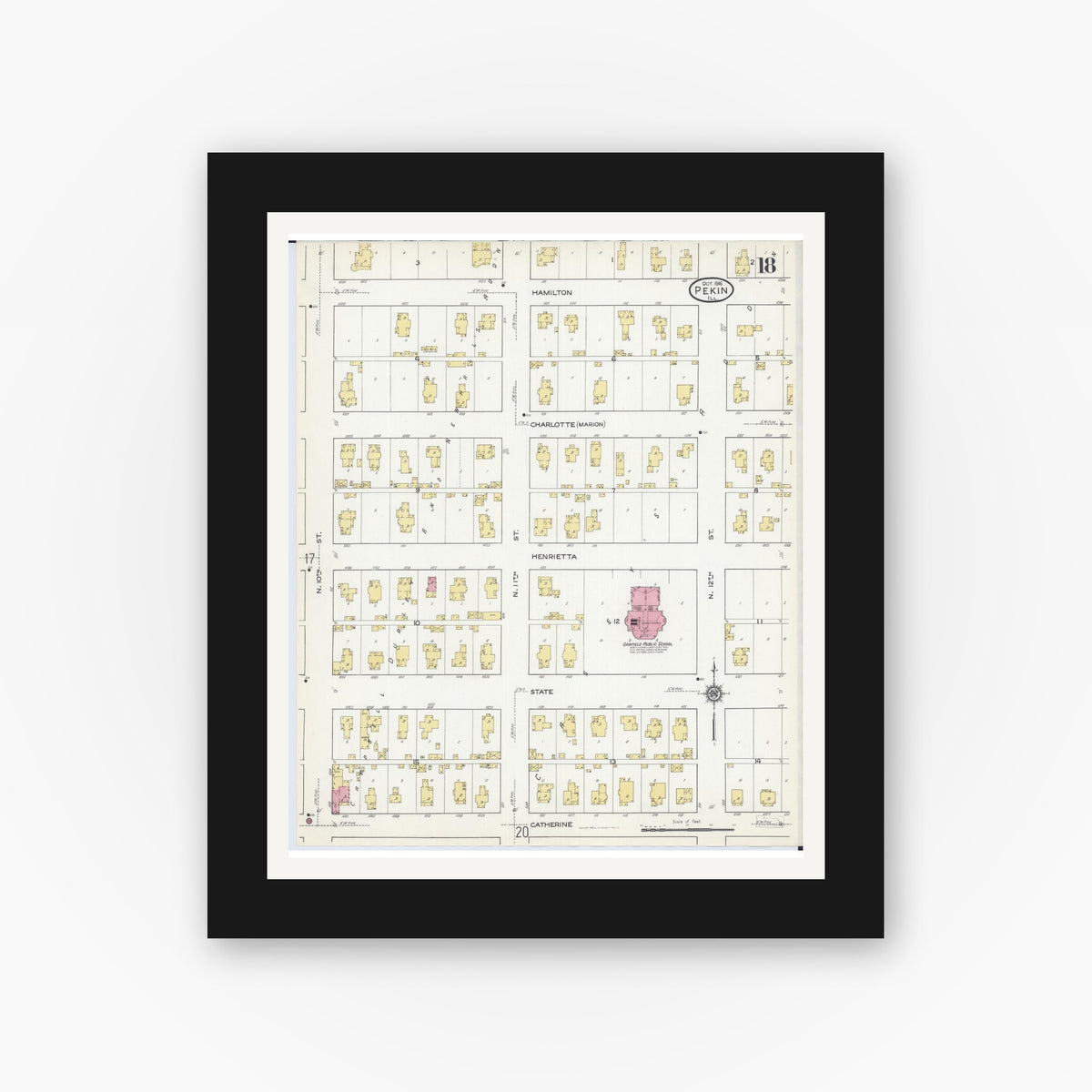 Old map wall art mockup — black gallery frame with white mat — Sanborn Fire Insurance Map from Pekin, Tazewell County, Illinois (1916), Sheet #0018