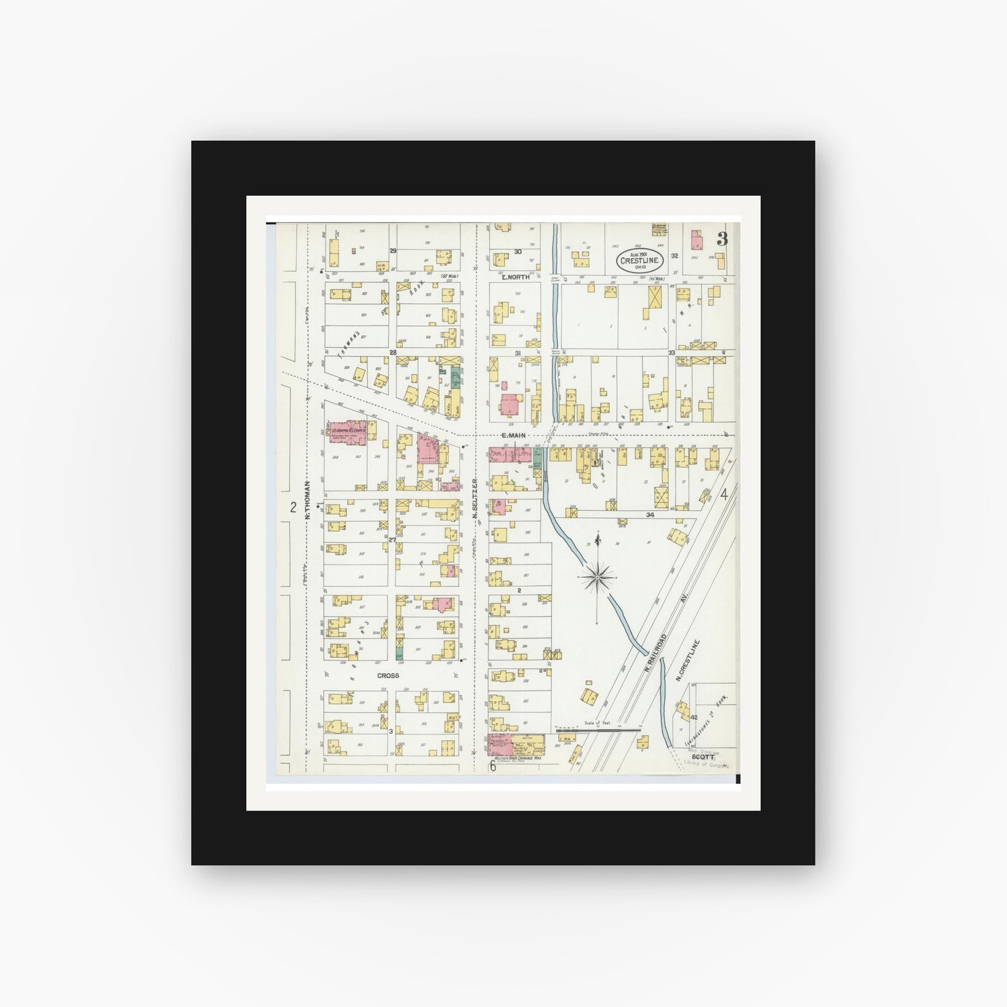 Old map wall art mockup — black gallery frame with white mat — Sanborn Fire Insurance Map from Crestline, Crawford County, Ohio (1901), Sheet #0003