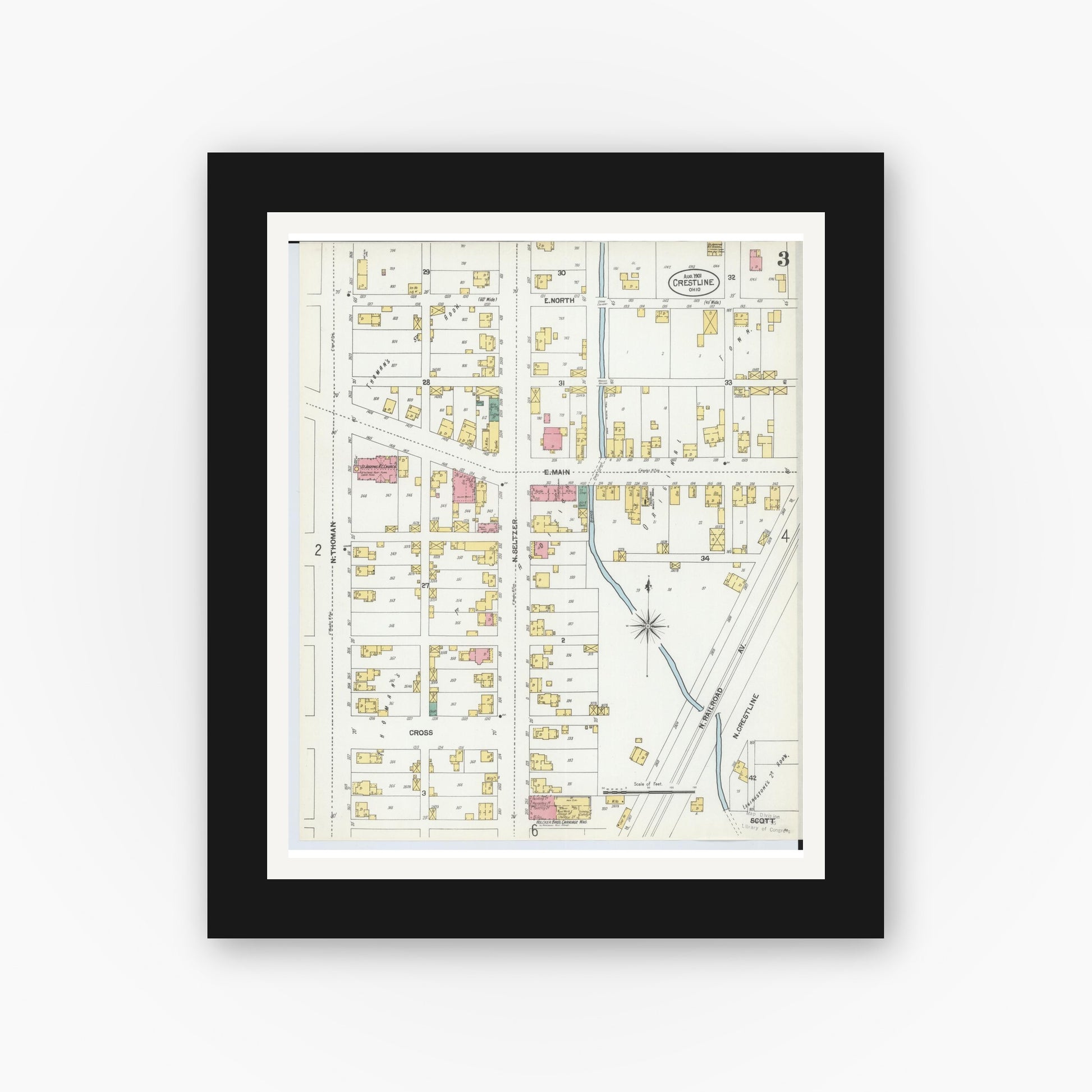 Old map wall art mockup — black gallery frame with white mat — Sanborn Fire Insurance Map from Crestline, Crawford County, Ohio (1901), Sheet #0003