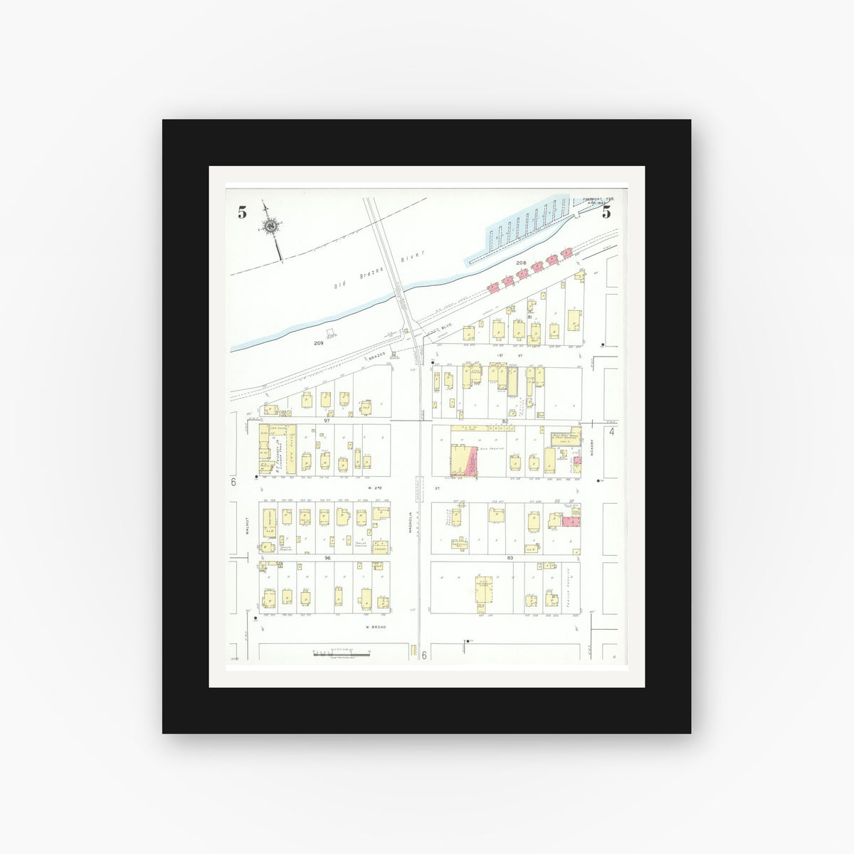 Old map wall art mockup — black gallery frame with white mat — Sanborn Fire Insurance Map from Freeport, Brazoria County, Texas (1943), Sheet #0005