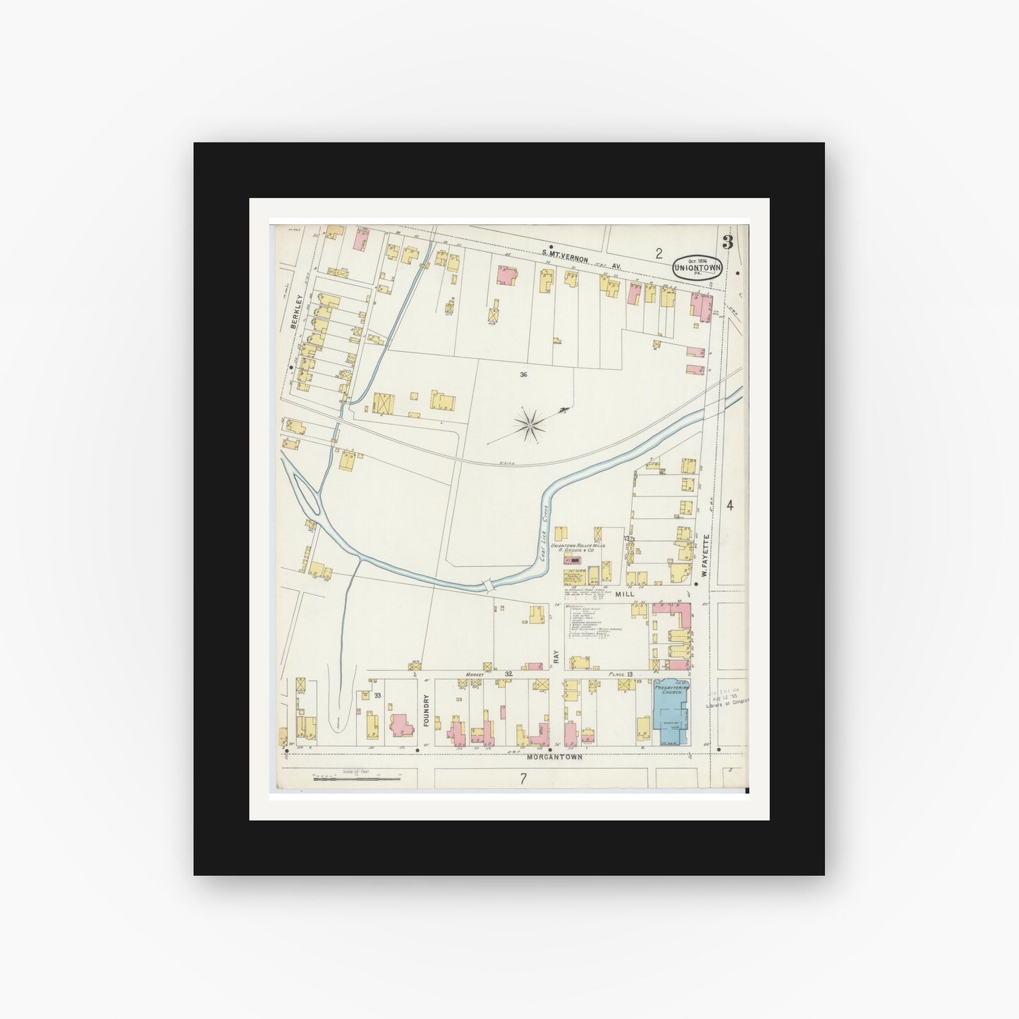 Old map wall art mockup — black gallery frame with white mat — Sanborn Fire Insurance Map from Uniontown, Fayette County, Pennsylvania (1896), Sheet #0003